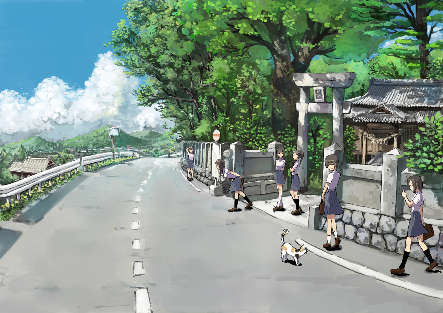 animal, black_hair, cat, clouds, kneehighs, nikogori-mattyaduke, original, school_uniform, short_hair, skirt, sky, tree