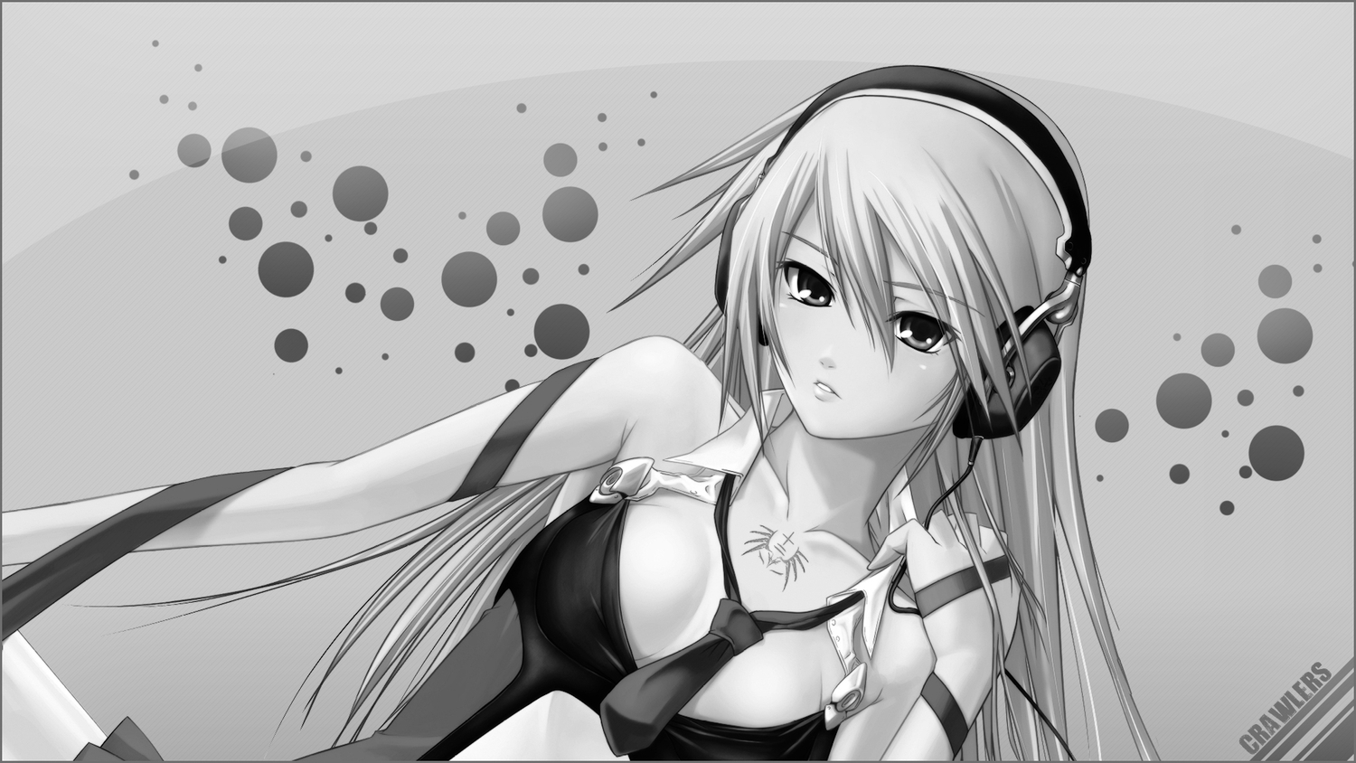 blazblue, headphones, long_hair, monochrome, noel_vermillion