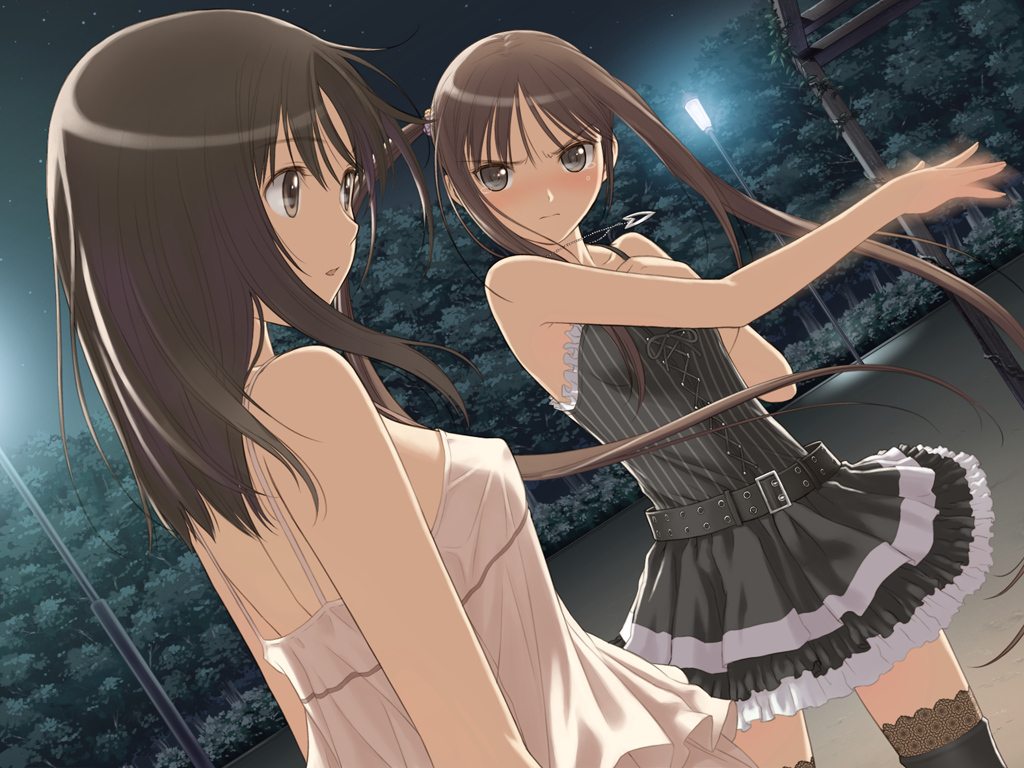 2girls, black_hair, dress, erect_nipples, fault, game_cg, night, saeki_ai, sugiyama_mio, taka_tony, tears, thighhighs, twintails