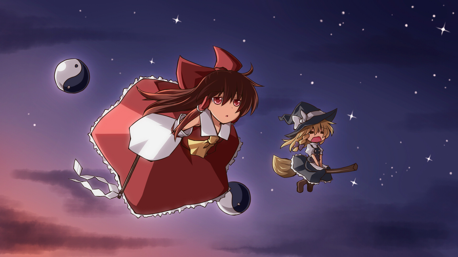 2girls, hakurei_reimu, japanese_clothes, kirisame_marisa, miko, ominaeshi, sunset, touhou