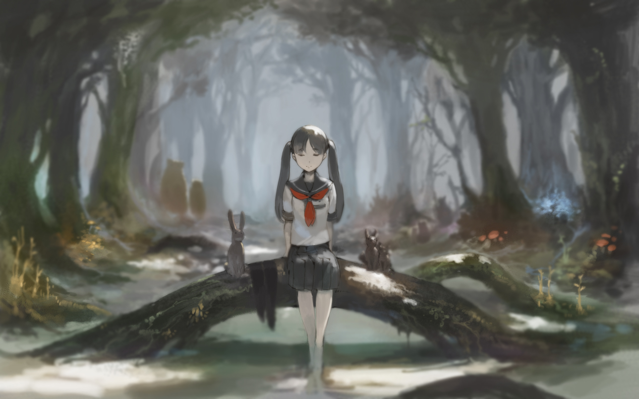 animal, black_hair, bunny, forest, original, school_uniform, tko_(artist), tree, twintails, water