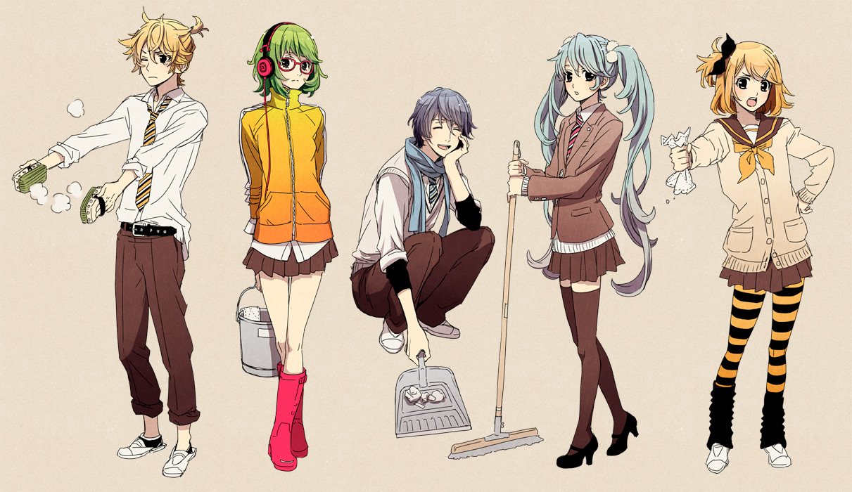aqua_hair, blonde_hair, blue_hair, glasses, green_hair, group, gumi, hatsune_miku