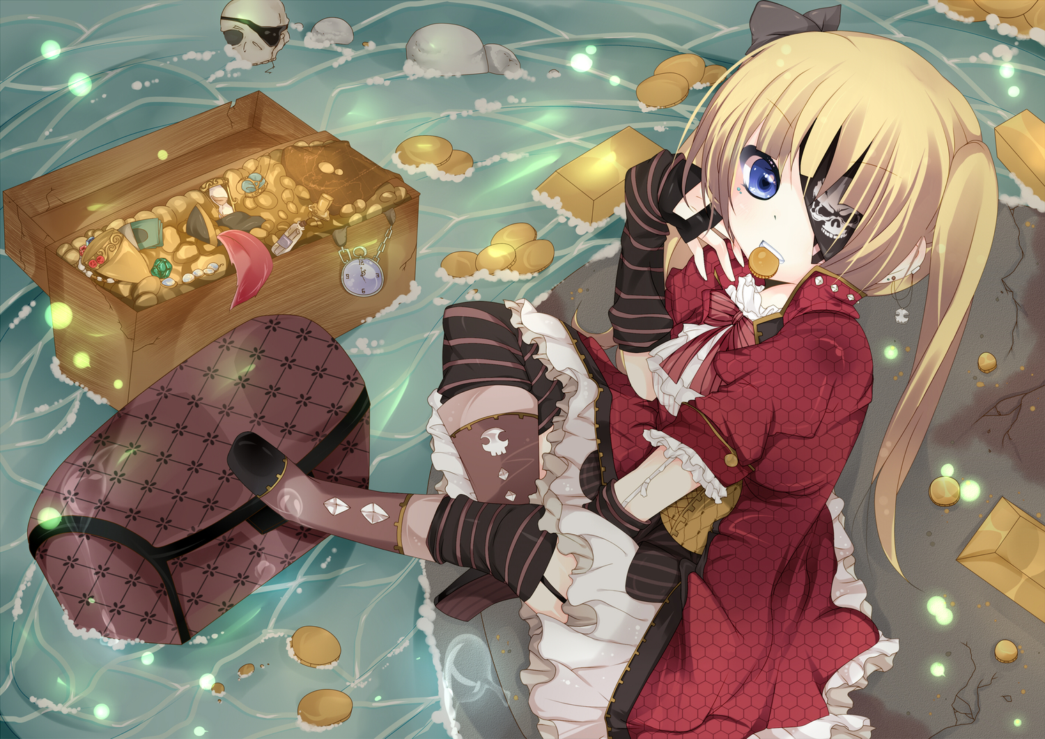 blonde_hair, blue_eyes, boots, eyepatch, garter_belt, gloves, original, pirate