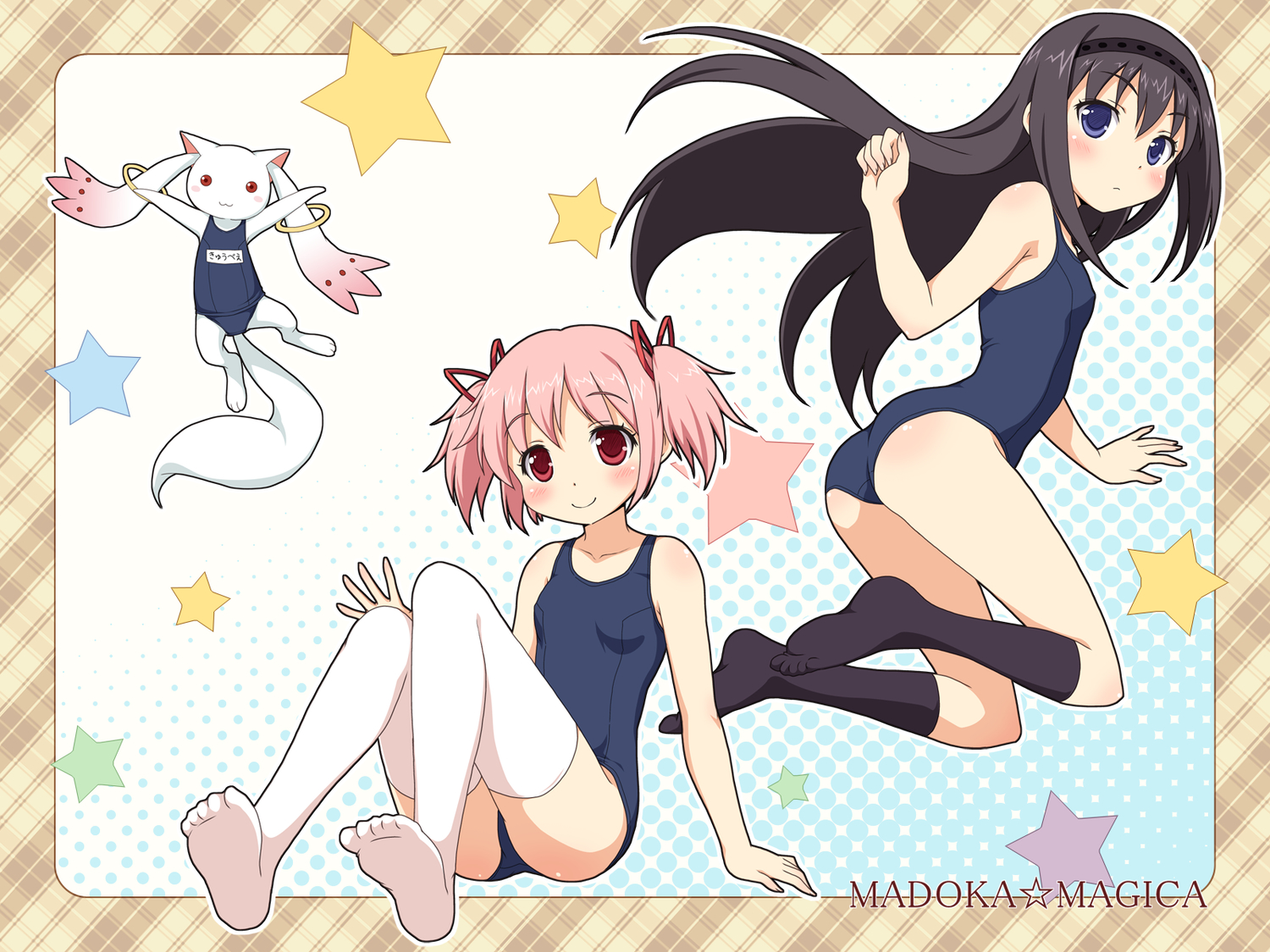 2girls, akemi_homura, black_hair, blue_hair, blush, headband, kaname_madoka, kneehighs
