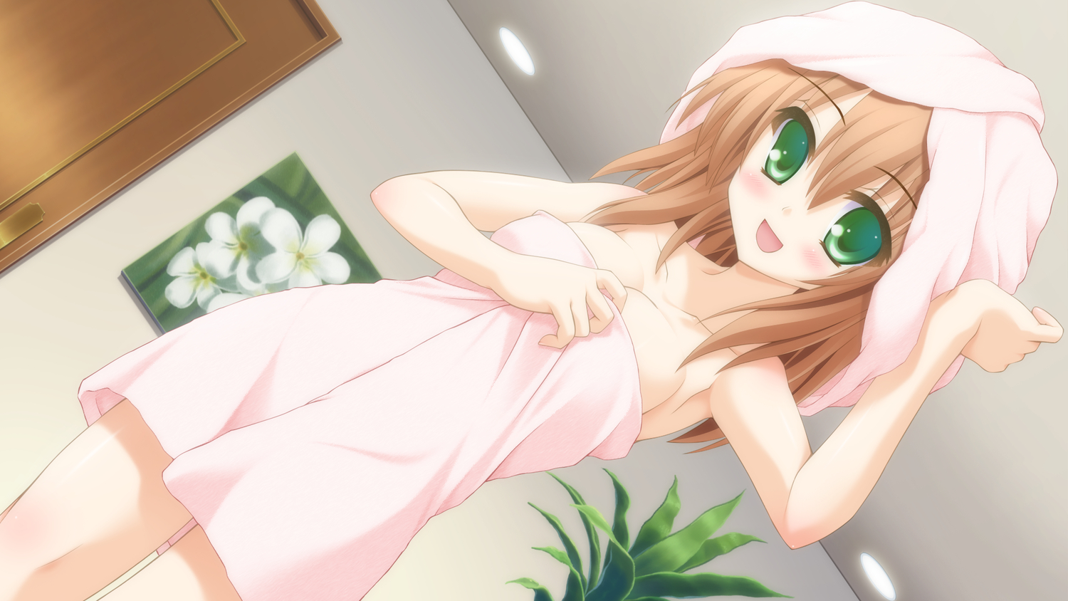aogiri_kotono, brown_hair, canvas_4, game_cg, green_eyes, kannon_ouji, towel