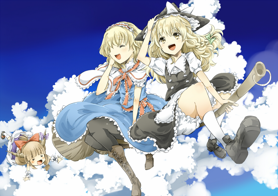 alice_margatroid, blonde_hair, bloomers, boots, bow, clouds, dress, eichi_(0903275), fang, hat, horns, ibuki_suika, kirisame_marisa, kneehighs, pantyhose, sky, touhou, witch, yellow_eyes