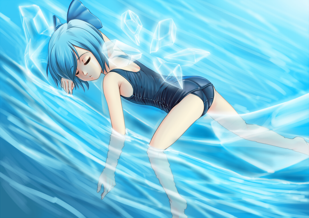 blue_hair, bow, cirno, fairy, raybar, school_swimsuit, short_hair, sleeping