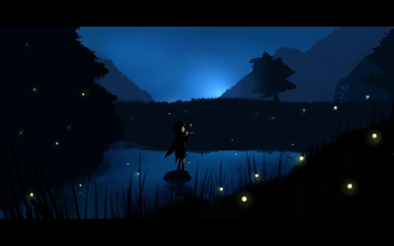 grass, nawo_(peace), night, scenic, touhou, tree, water, wings, wriggle_nightbug