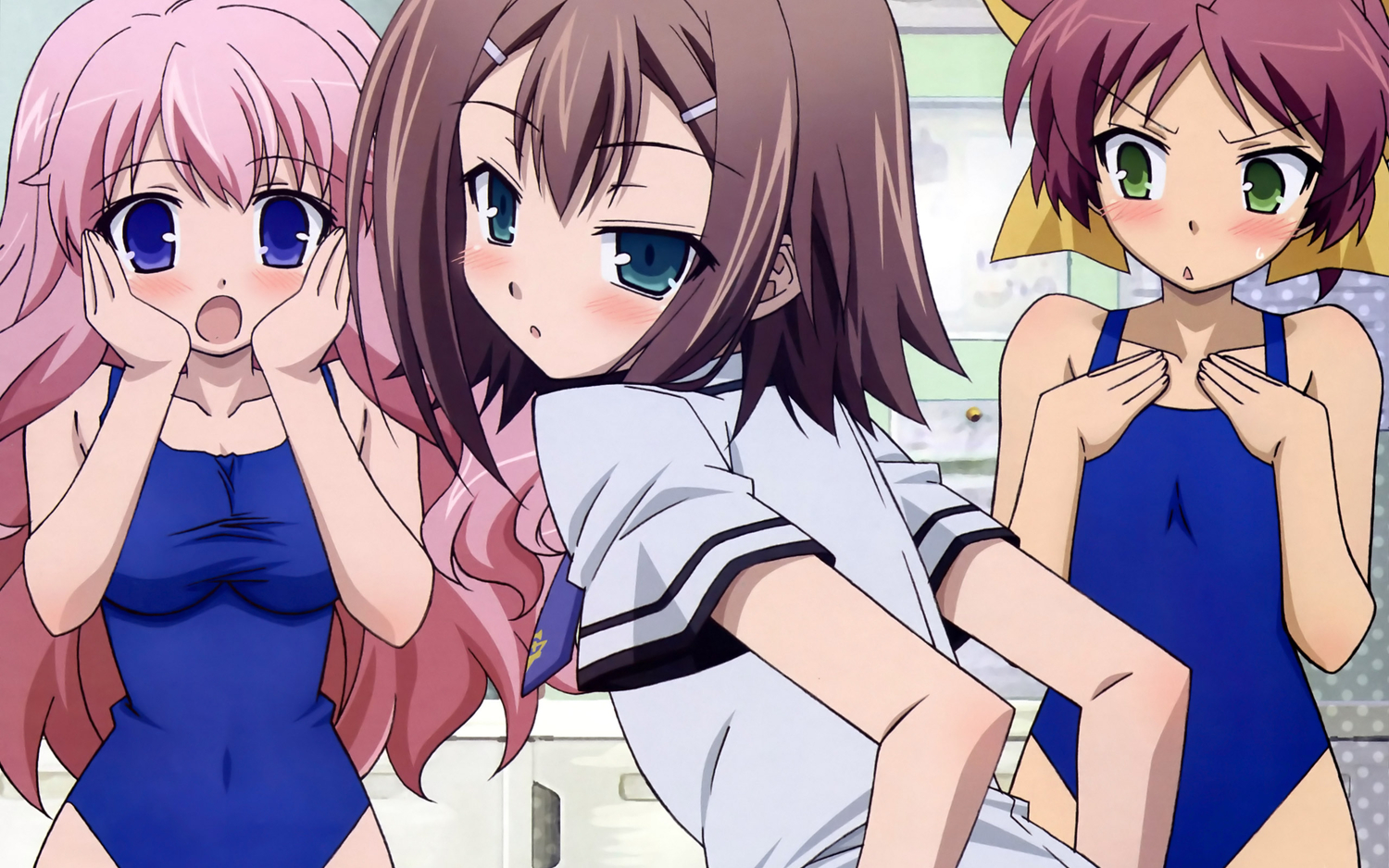 baka_to_test_to_shoukanjuu, blush, himeji_mizuki, kinoshita_hideyoshi, male, otoko_no_ko, school_swimsuit, shimada_minami