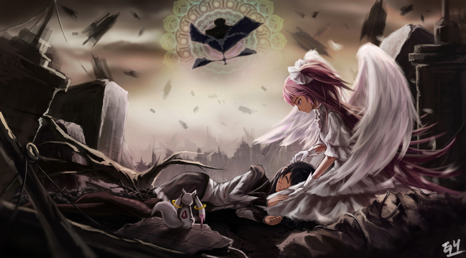 akemi_homura, black_hair, blood, bow, dress, gloves, gyicarus, kaname_madoka, kyuubee, long_hair, mahou_shoujo_madoka_magica, pantyhose, pink_eyes, pink_hair, ribbons, ruins, school_uniform, signed, twintails, ultimate_madoka, walpurgis_no_yoru, wings