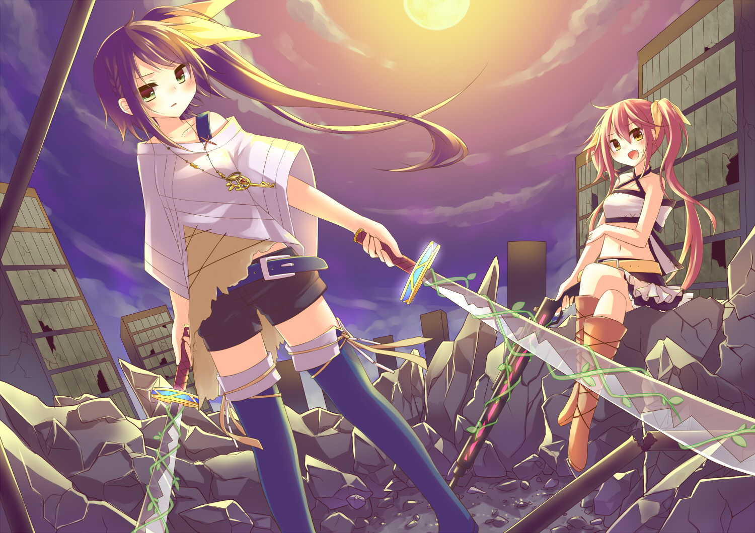 2girls, amane_kurumi, boots, brown_eyes, brown_hair, green_eyes, gun, necklace, original, pink_hair, ruins, shorts, skirt, sky, sword, twintails, weapon