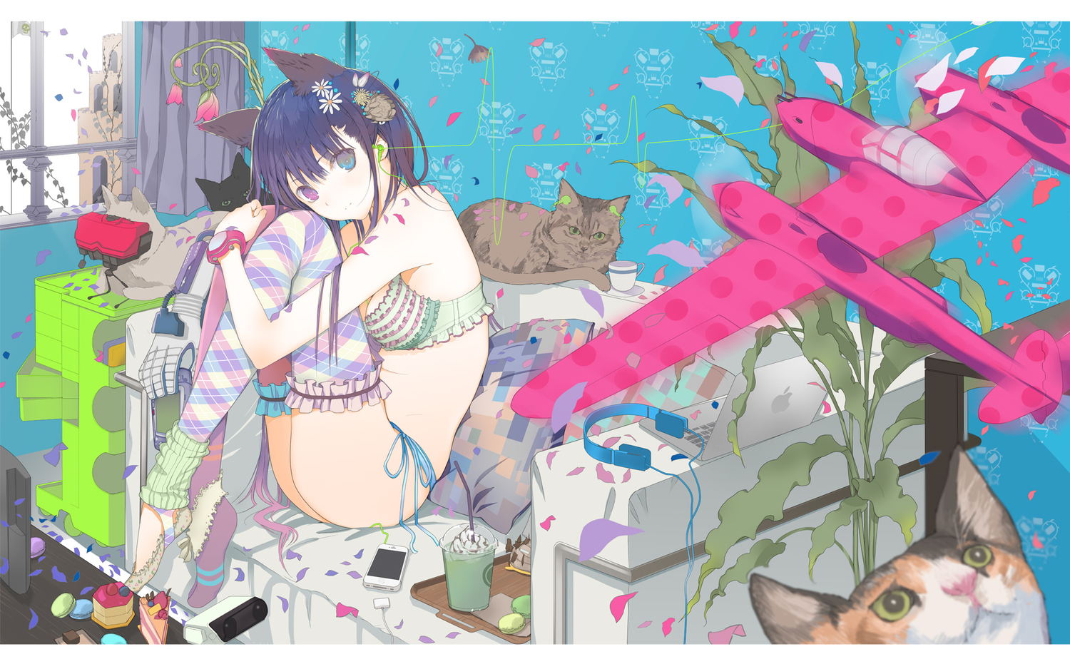 animal, animal_ears, bicolored_eyes, bra, cat, catgirl, fuyuno_haruaki, original
