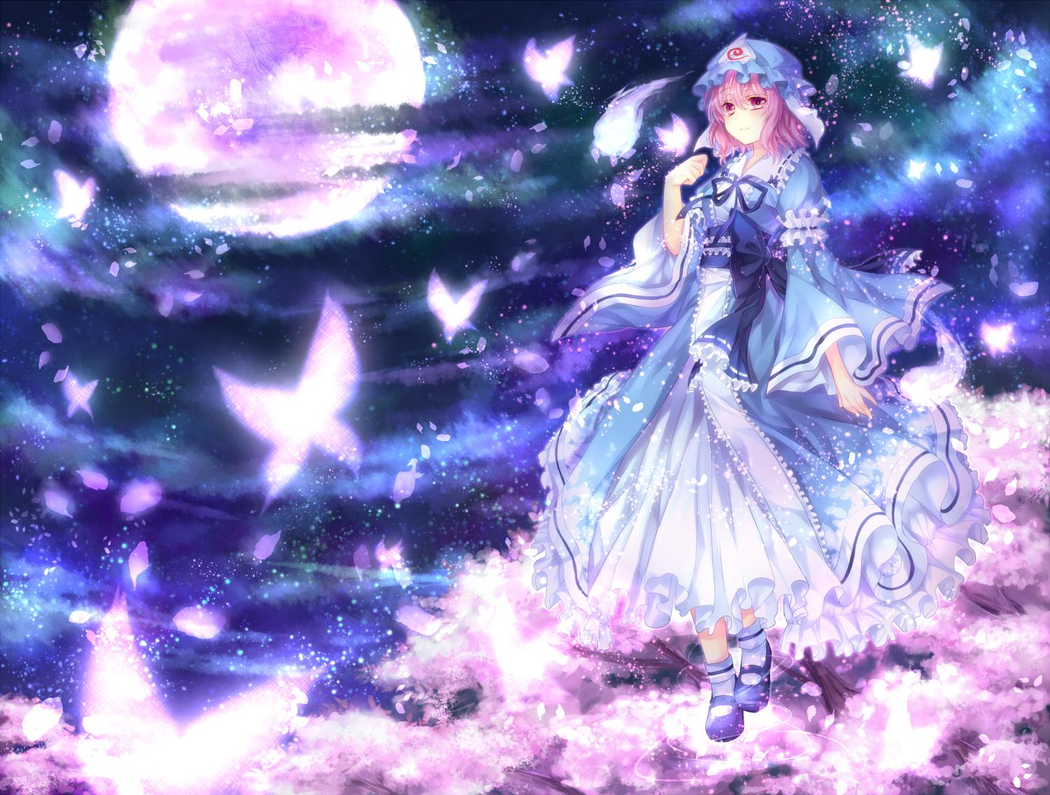 brown_hair, butterfly, dress, hat, moon, night, petals, pink_eyes, saigyouji_yuyuko, short_hair, sky, touhou, yuuna_minato