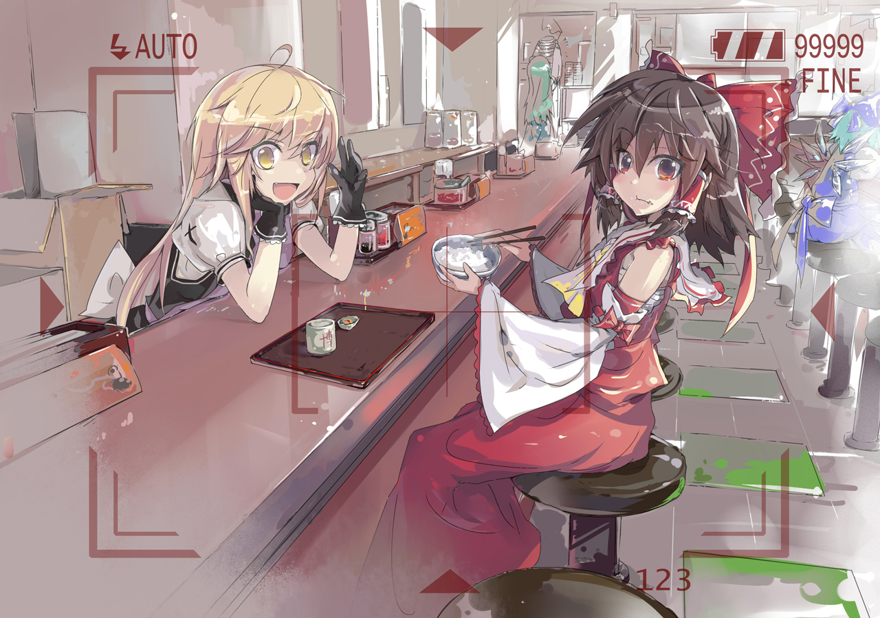 blonde_hair, blue_hair, bow, brown_eyes, brown_hair, camera, cirno, fairy