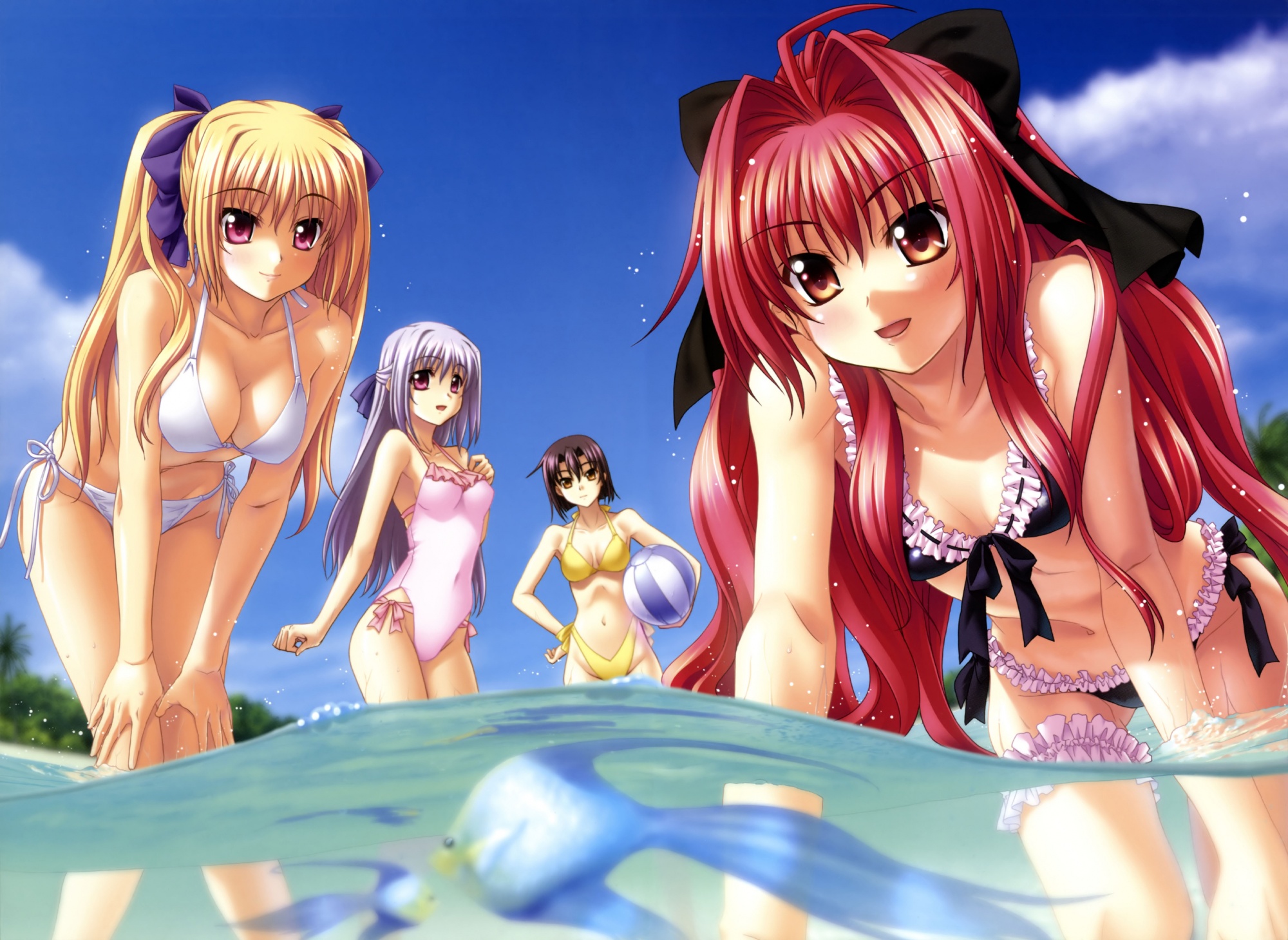 animal, ball, beach, bikini, blonde_hair, breasts, cleavage, corticarte_apa_lagranges, fish, kannatsuki_noboru, navel, red_hair, ribbons, scan, shinkyoku_soukai_polyphonica, swimsuit, tsuge_eufinley, water, wet, yugiri_perserte, yugiri_princesca