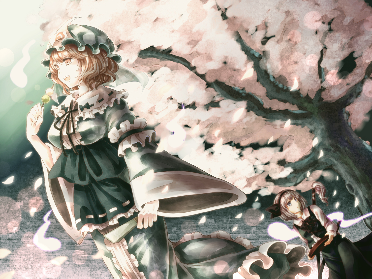 blue_eyes, bow, brown_eyes, brown_hair, cherry_blossoms, dress, flowers, food, gray_hair, hat, headband, konpaku_youmu, myon, namuko, petals, saigyouji_yuyuko, short_hair, touhou, tree