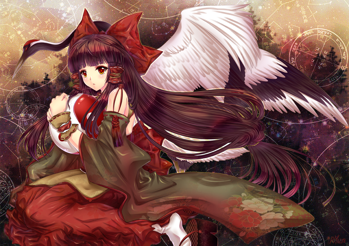 animal, bow, brown_hair, hakurei_reimu, halodark, japanese_clothes, long_hair, miko