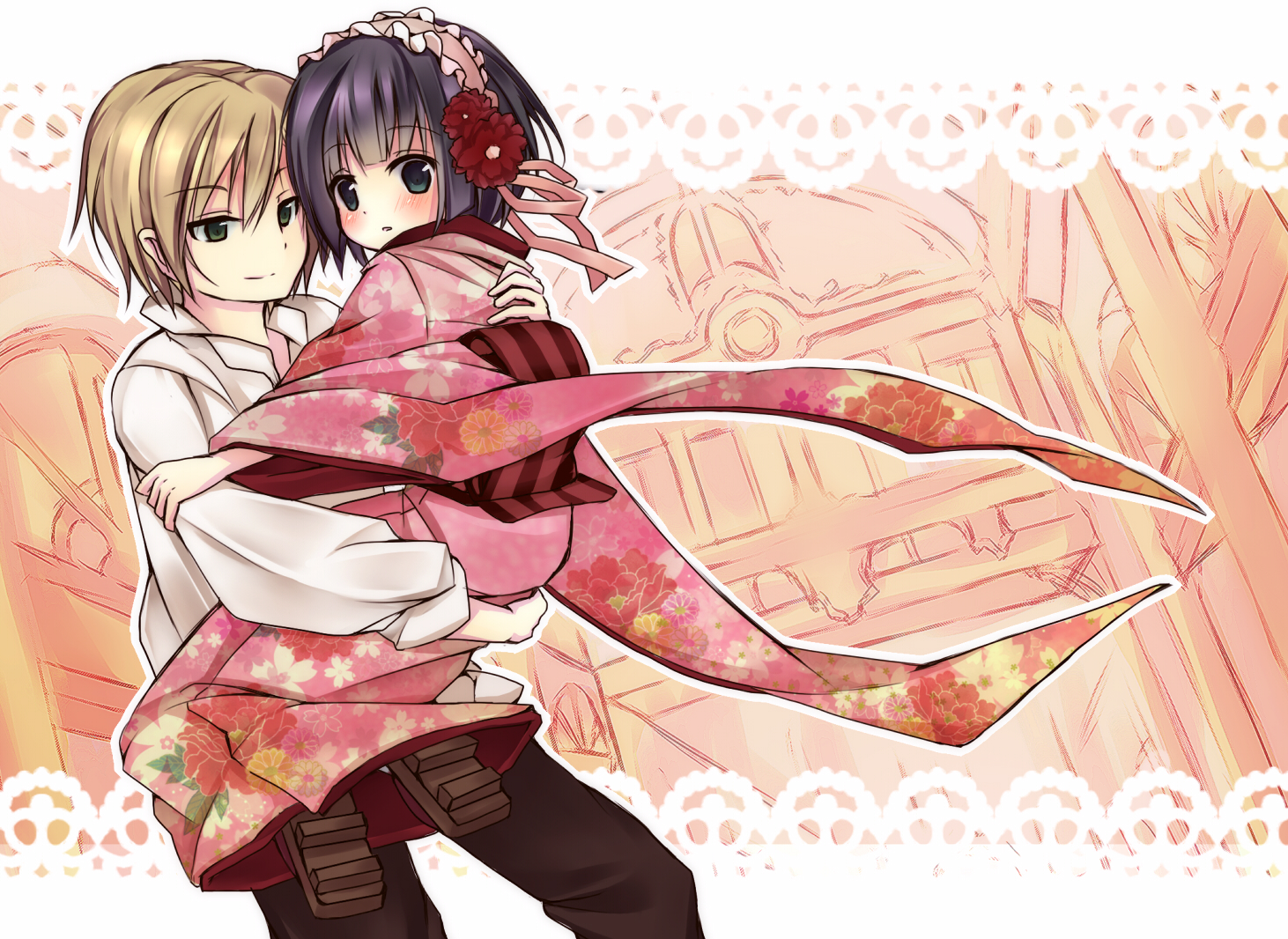 black_hair, blonde_hair, bow, claude_claudel, flowers, headdress, hug, ikoku_meiro_no_croisee