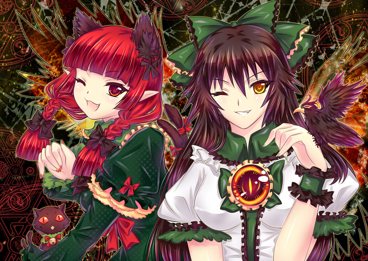 2girls, animal, animal_ears, bell, bird, bow, cat, catgirl