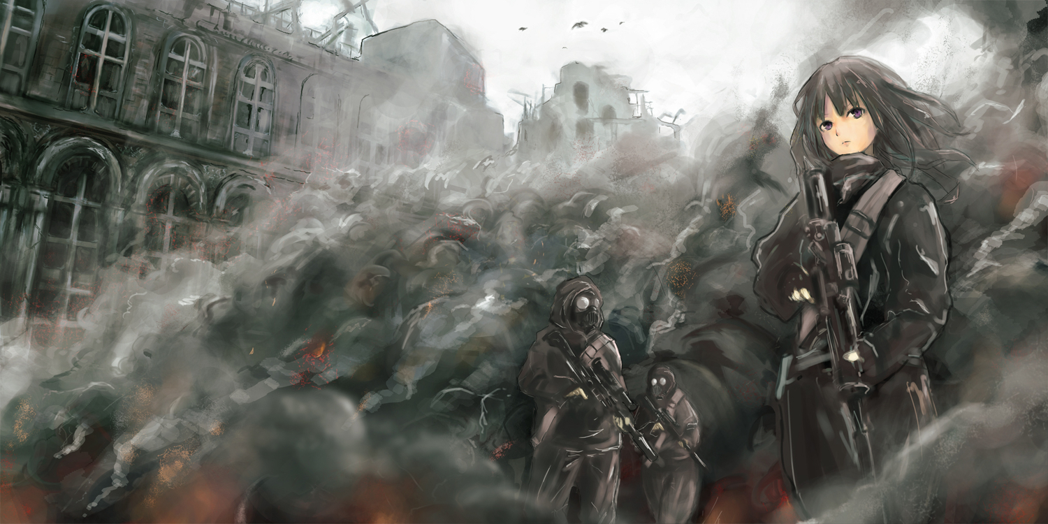 black_hair, gun, long_hair, mask, original, purple_eyes, ruins, seafh