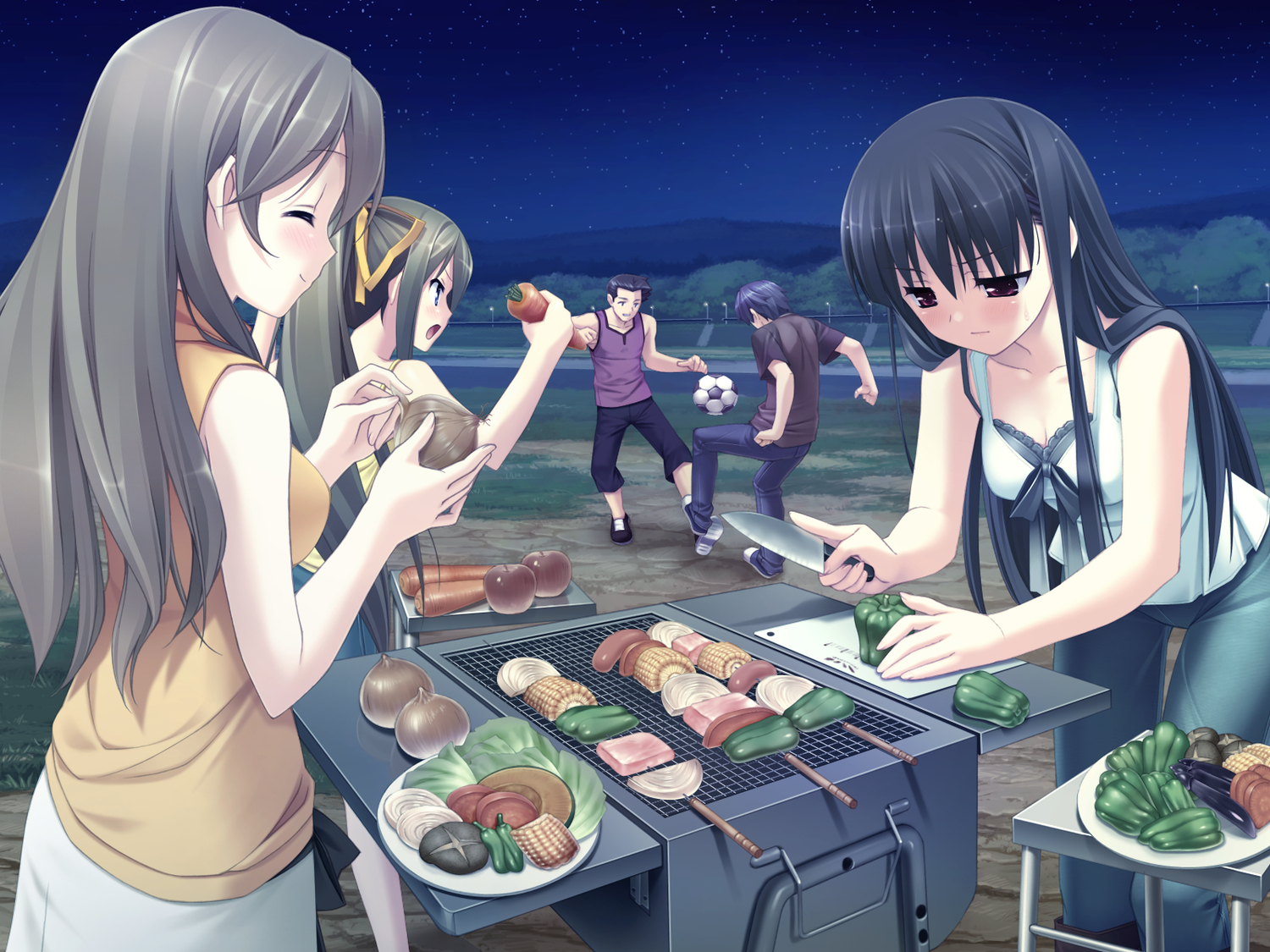 black_hair, brown_hair, cube, food, game_cg, group, itou_hinako, kanekiyo_miwa