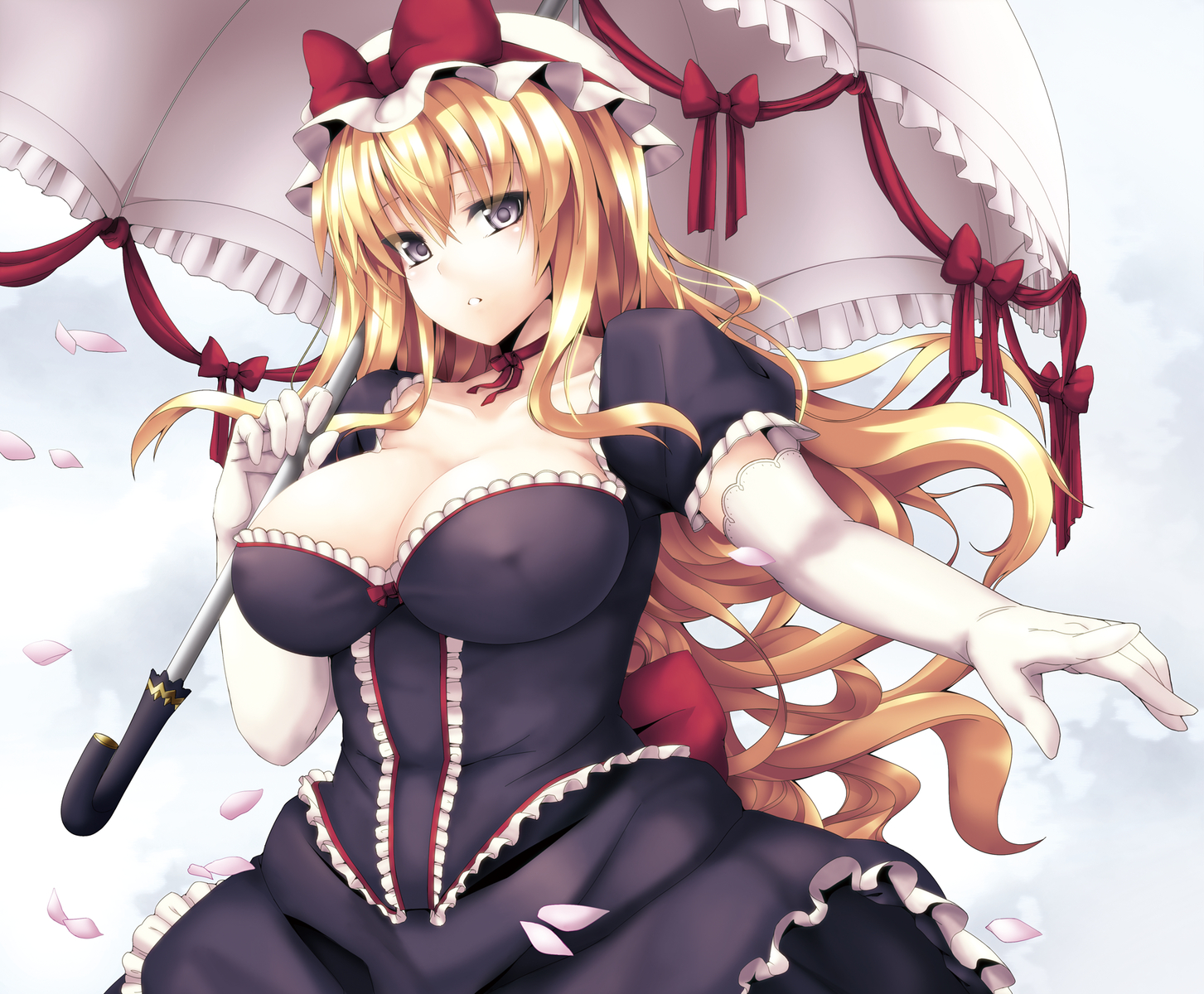 blonde_hair, breasts, cleavage, hebata, petals, touhou, umbrella, yakumo_yukari