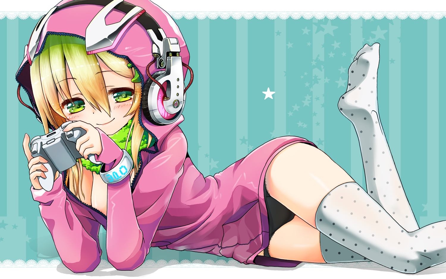 blonde_hair, breasts, cleavage, green_eyes, headphones, kuromaru9, original, panties, thighhighs, underwear
