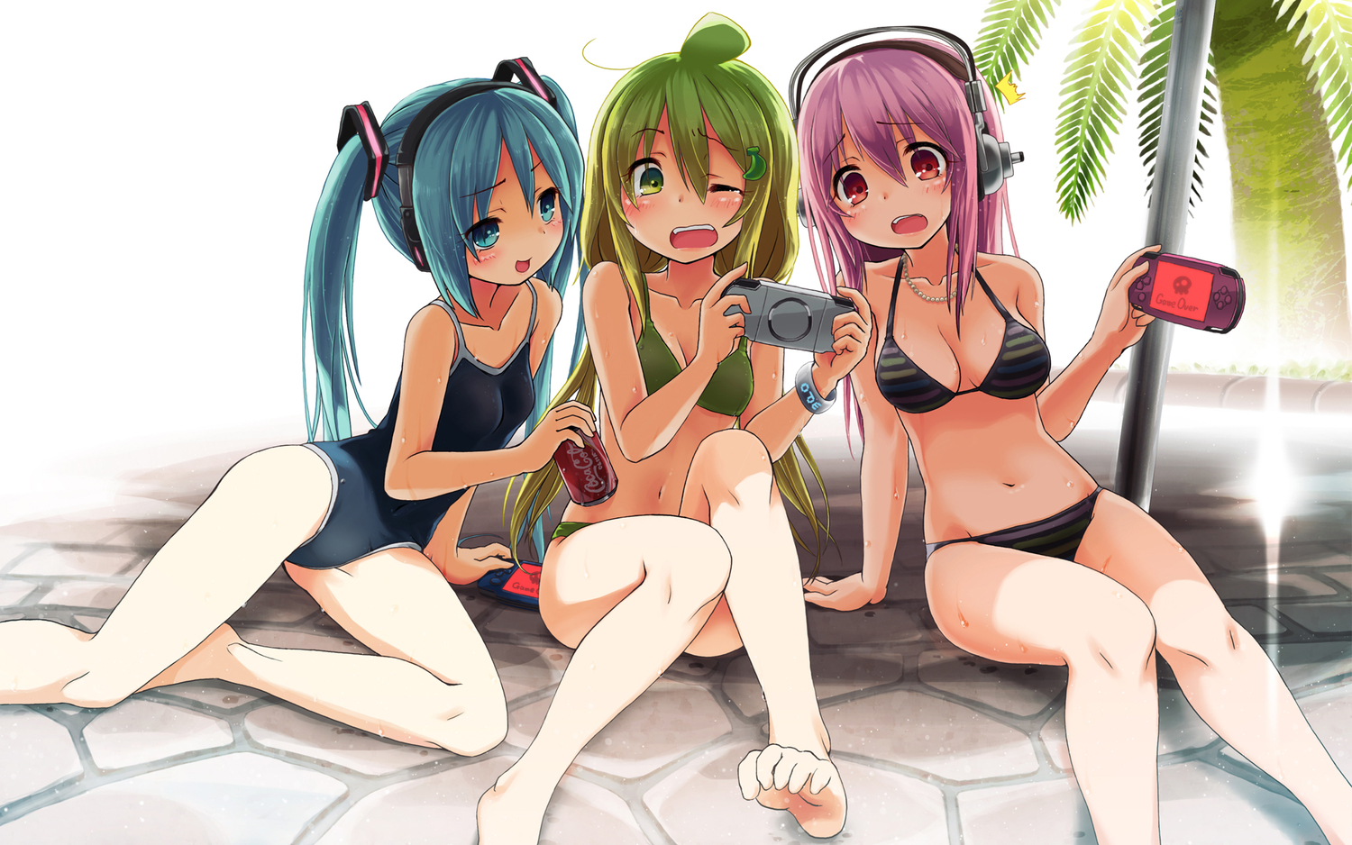 bikini, breasts, cleavage, crossover, drink, game_console, green_eyes, green_hair, hatsune_miku, headphones, kuromaru9, nitroplus, original, sonico, super_sonico, swimsuit, vocaloid