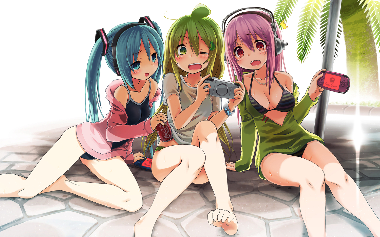 bikini, breasts, cleavage, coca_cola, crossover, drink, game_console, hatsune_miku, headphones, kuromaru9, nitroplus, original, sonico, super_sonico, swimsuit, twintails, vocaloid