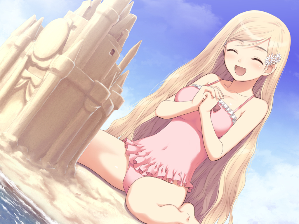 beach, blonde_hair, fault, game_cg, hayama_rika, long_hair, swimsuit, taka_tony