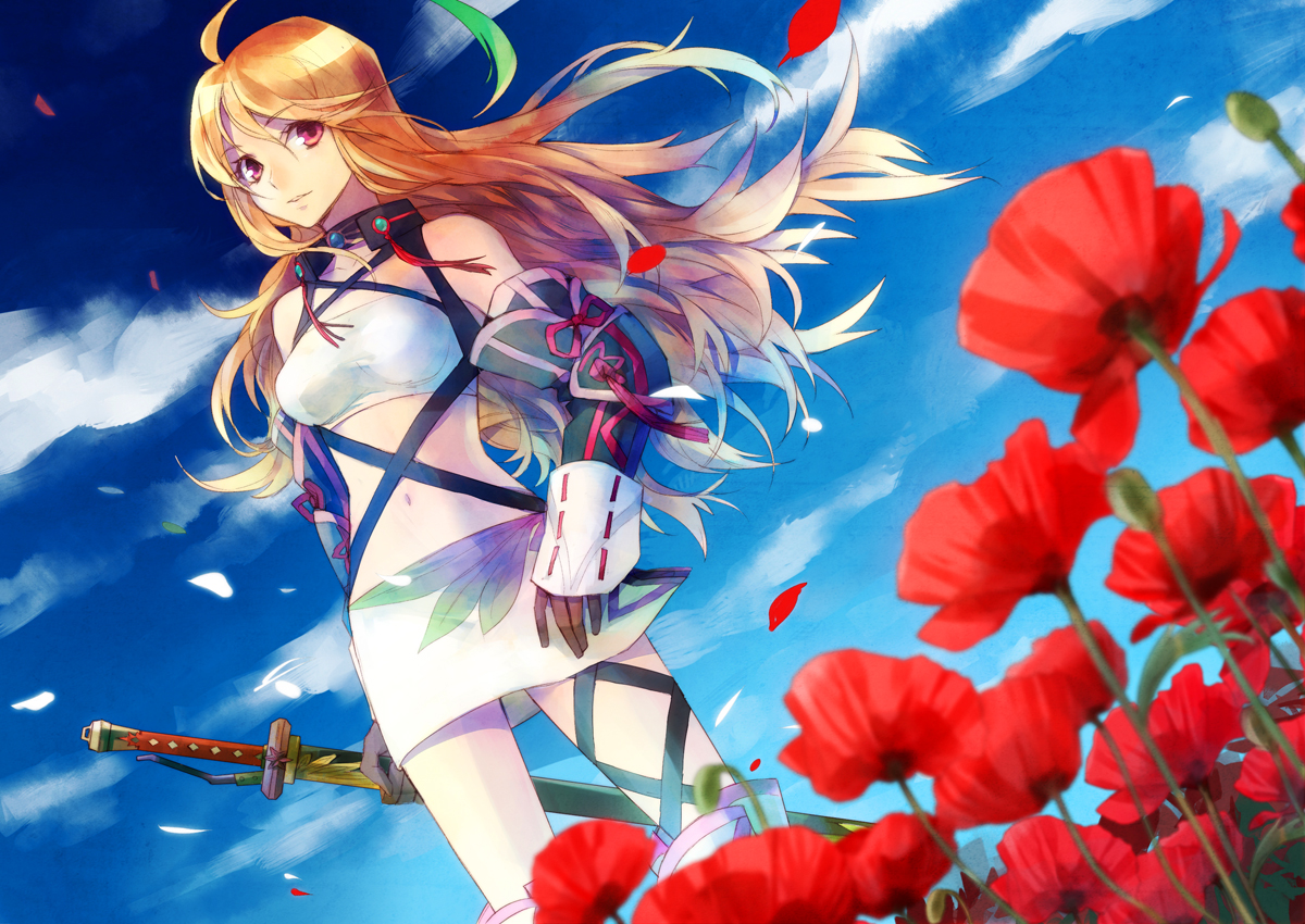blonde_hair, flowers, long_hair, milla_maxwell, petals, sky, tales_of_xillia, weapon