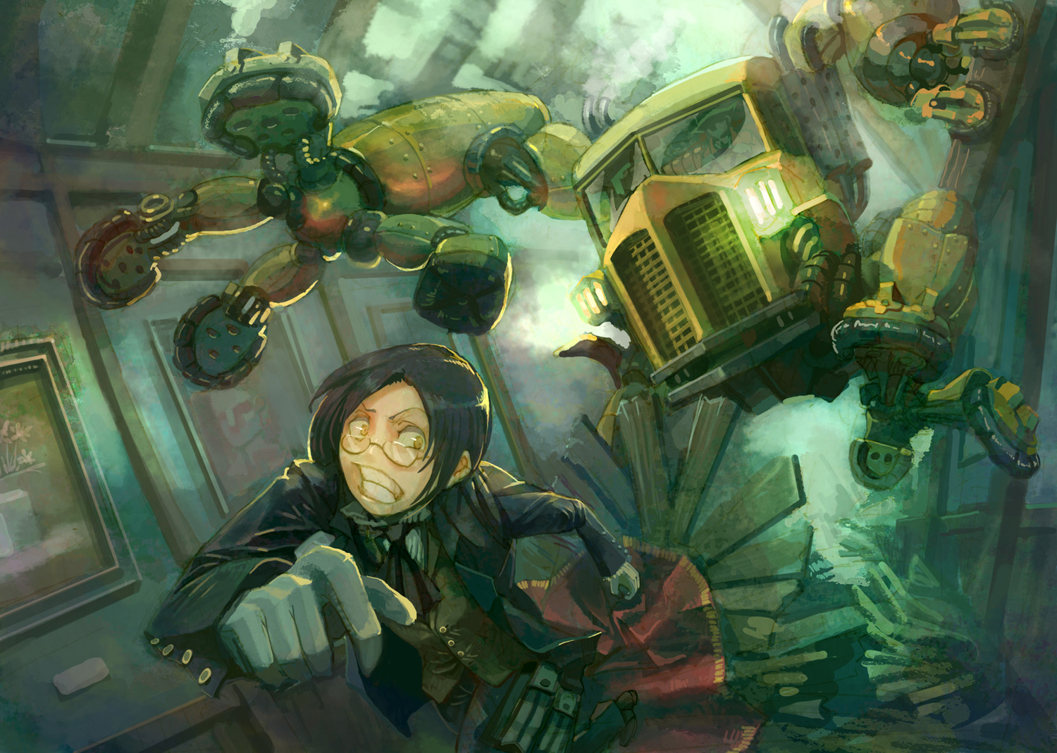 black_hair, cape, glasses, gloves, kome, mecha, original, suit