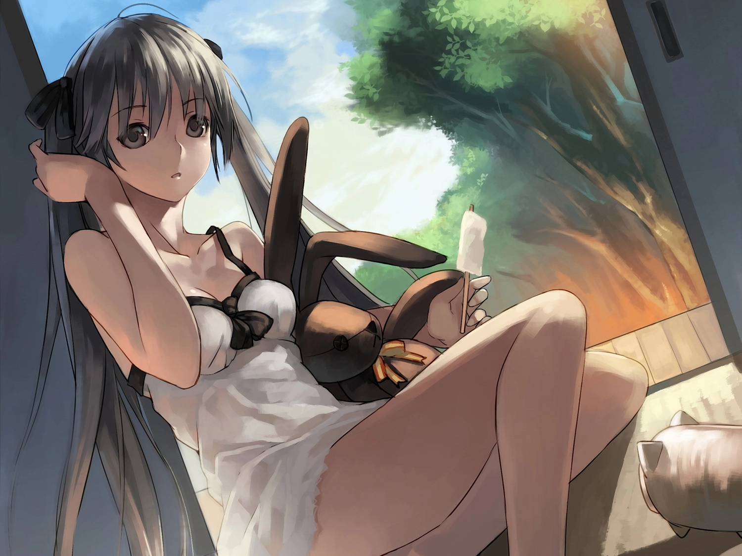 bunny, gray_eyes, gray_hair, kasugano_sora, long_hair, popsicle, yosuga_no_sora, yykuaixian
