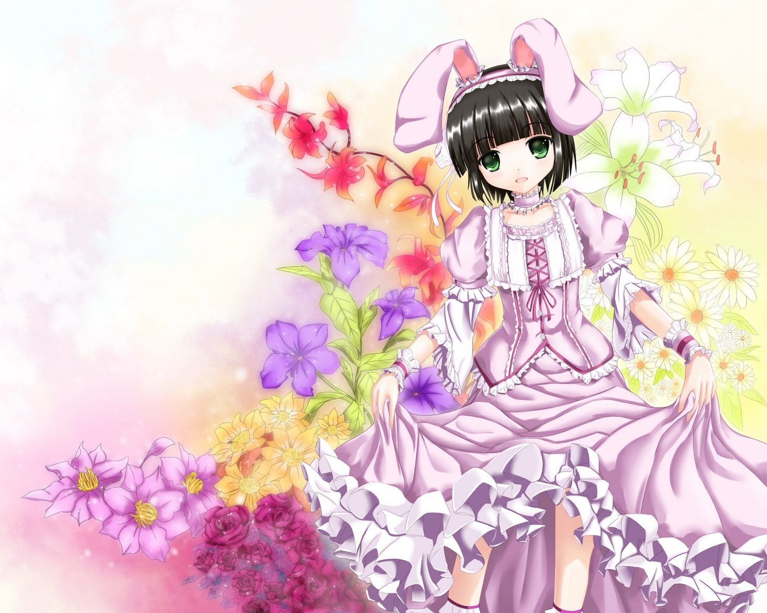animal_ears, black_hair, bow, bunny_ears, bunnygirl, choker, dress, fatkewell