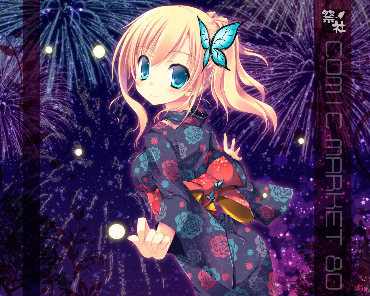 aqua_eyes, blonde_hair, boku_wa_tomodachi_ga_sukunai, fireworks, japanese_clothes, kashiwazaki_sena, kimono, nanaroba_hana, ponytail