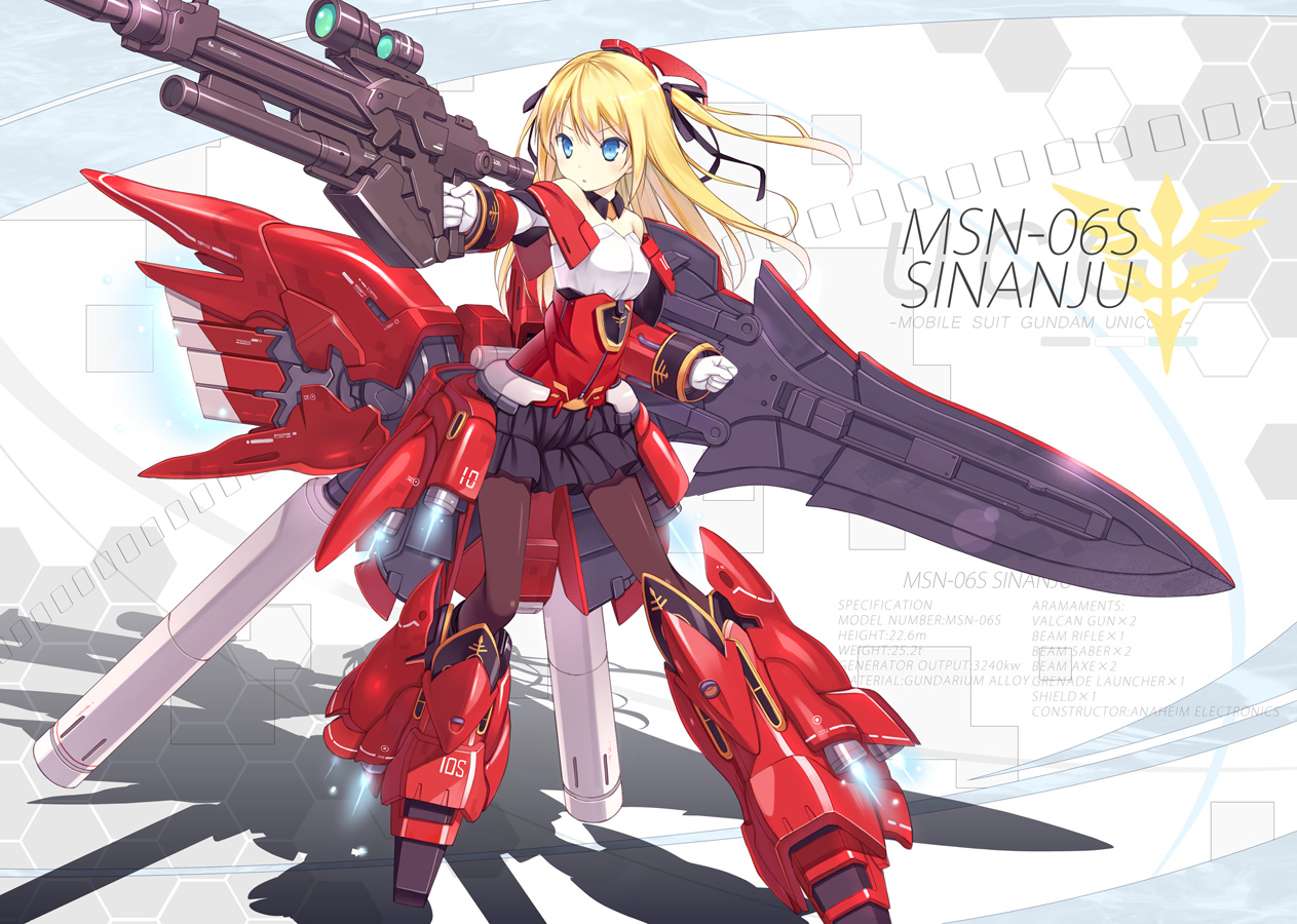 armor, blonde_hair, blue_eyes, gun, long_hair, mobile_suit_gundam, pantyhose, poco_(asahi_age)