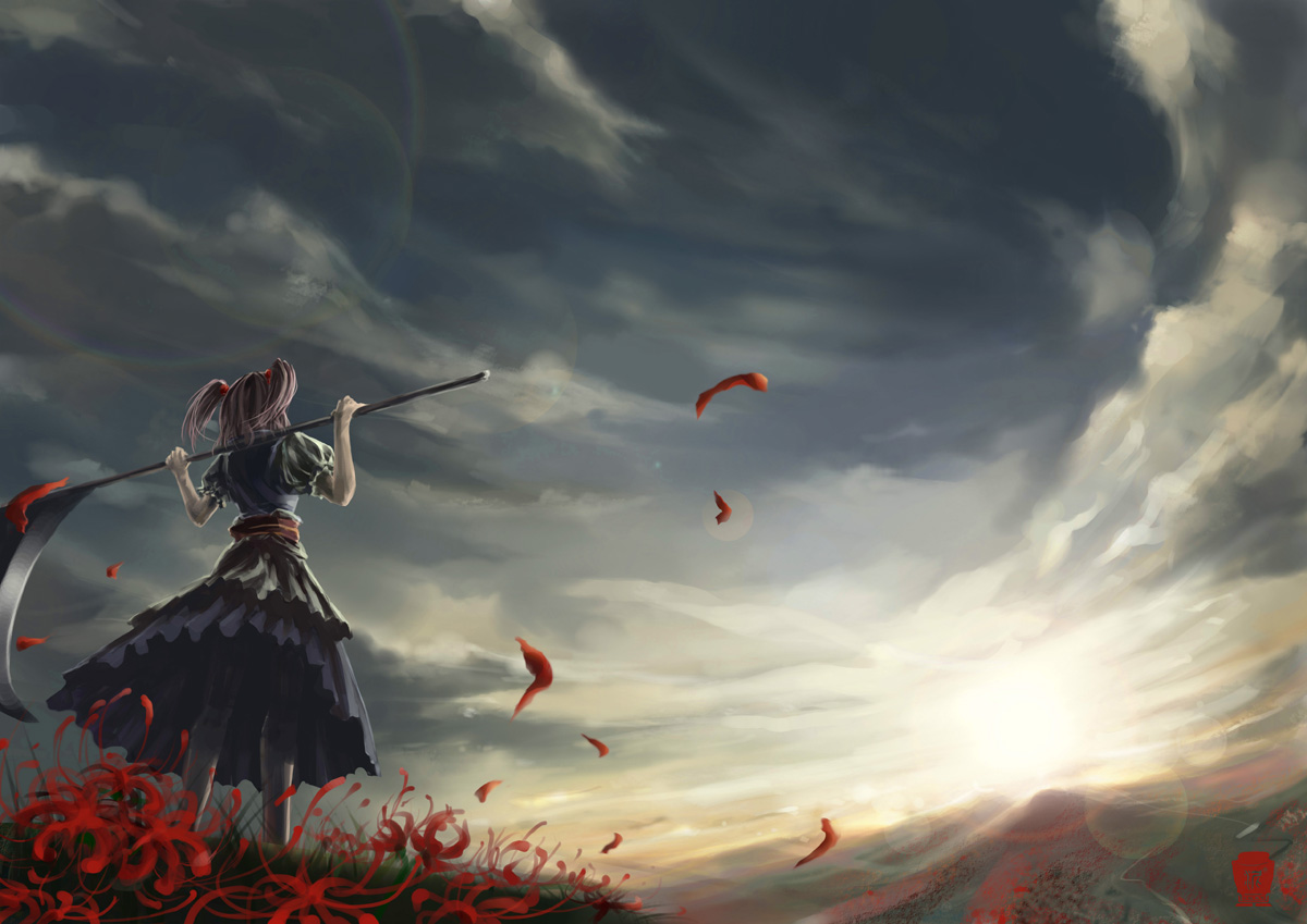 clouds, flowers, kong_xian, onozuka_komachi, petals, scenic, scythe, sky, touhou, twintails, weapon