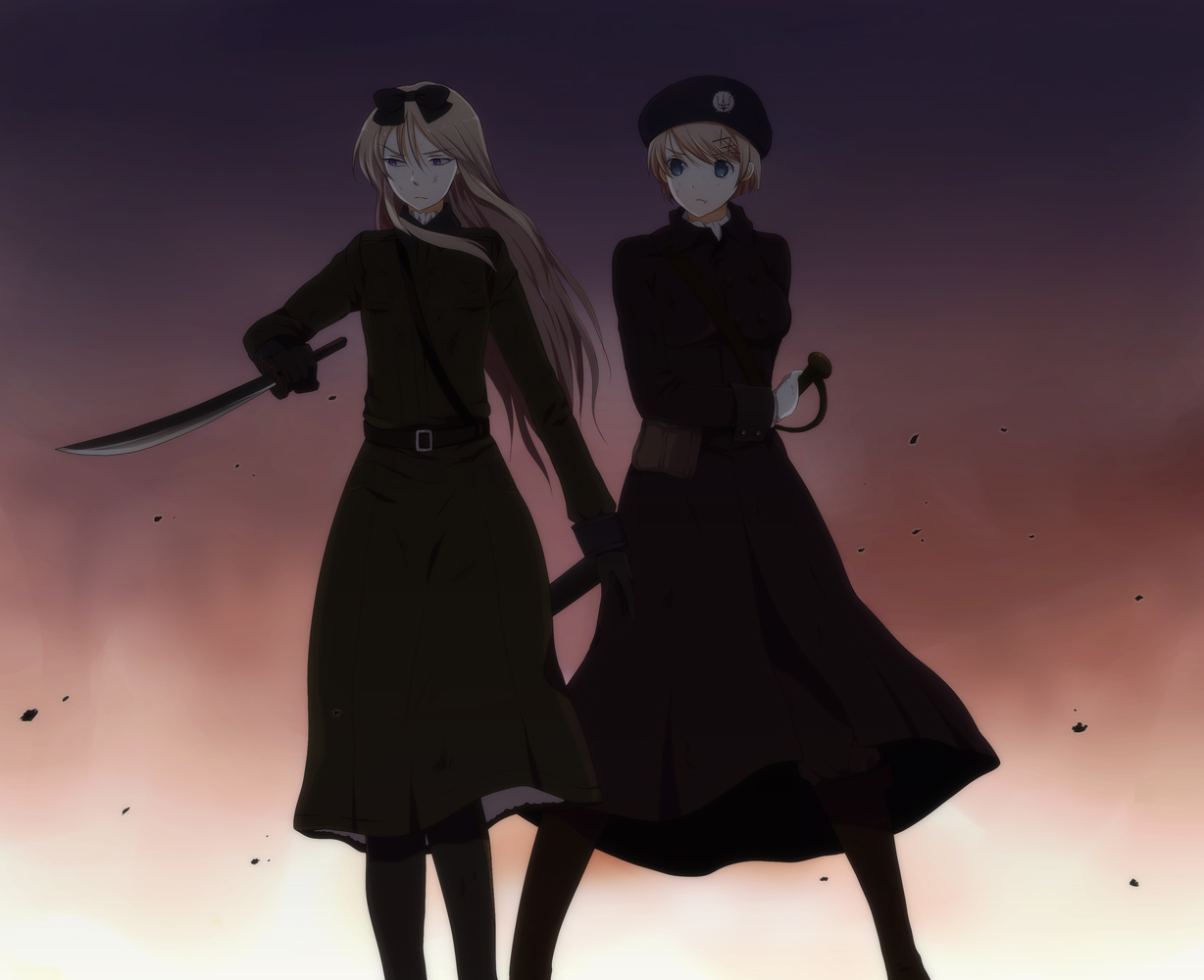2girls, anthropomorphism, axis_powers_hetalia, belarus_(hetalia), dress, hat, sword, ukraine_(hetalia)