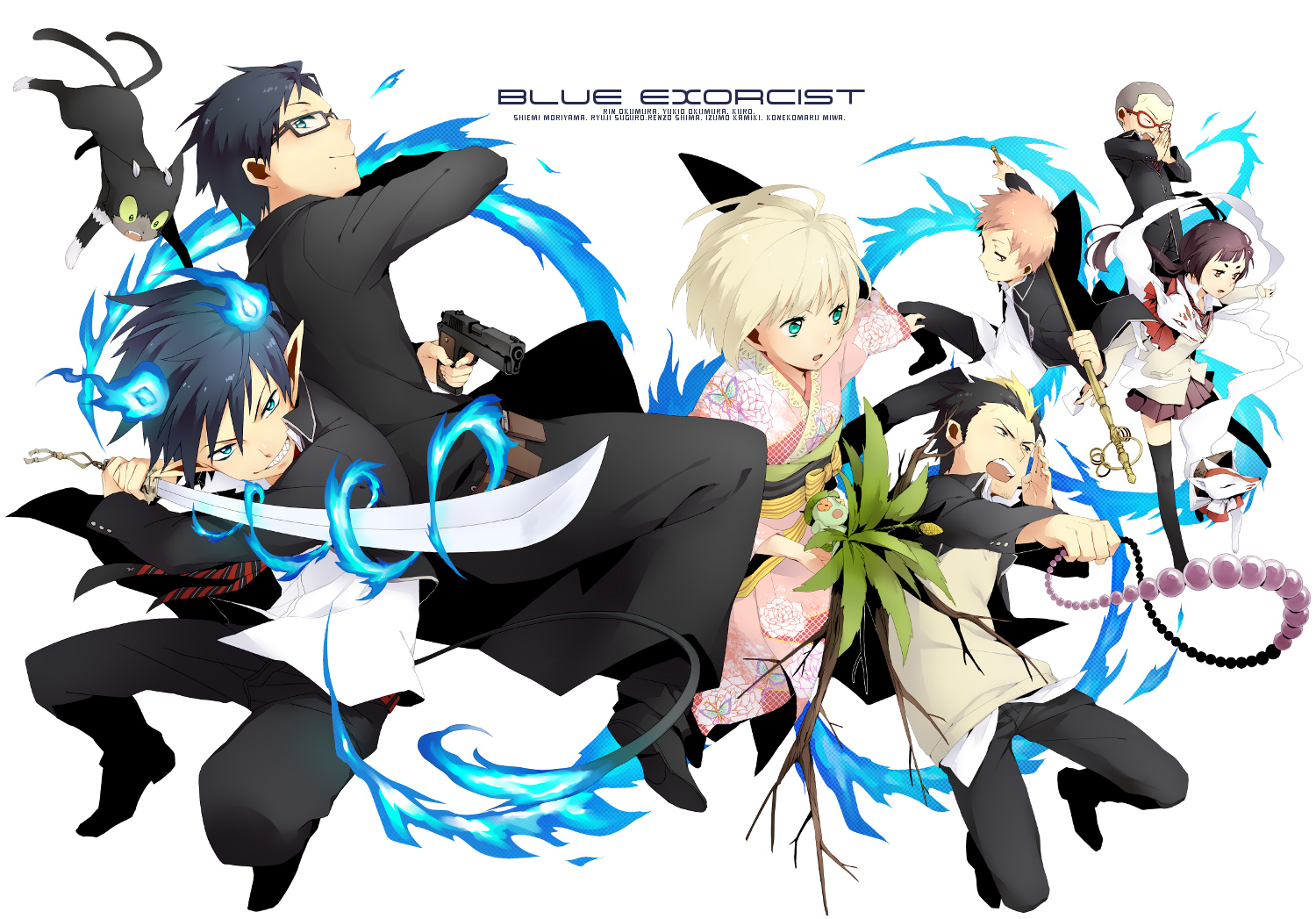 ao_no_exorcist, fumiko_(throughx2), kamiki_izumo, kuro_(ao_no_exorcist), miwa_konekomaru, moriyama_shiemi, nii_(ao_no_exorcist), okumura_rin