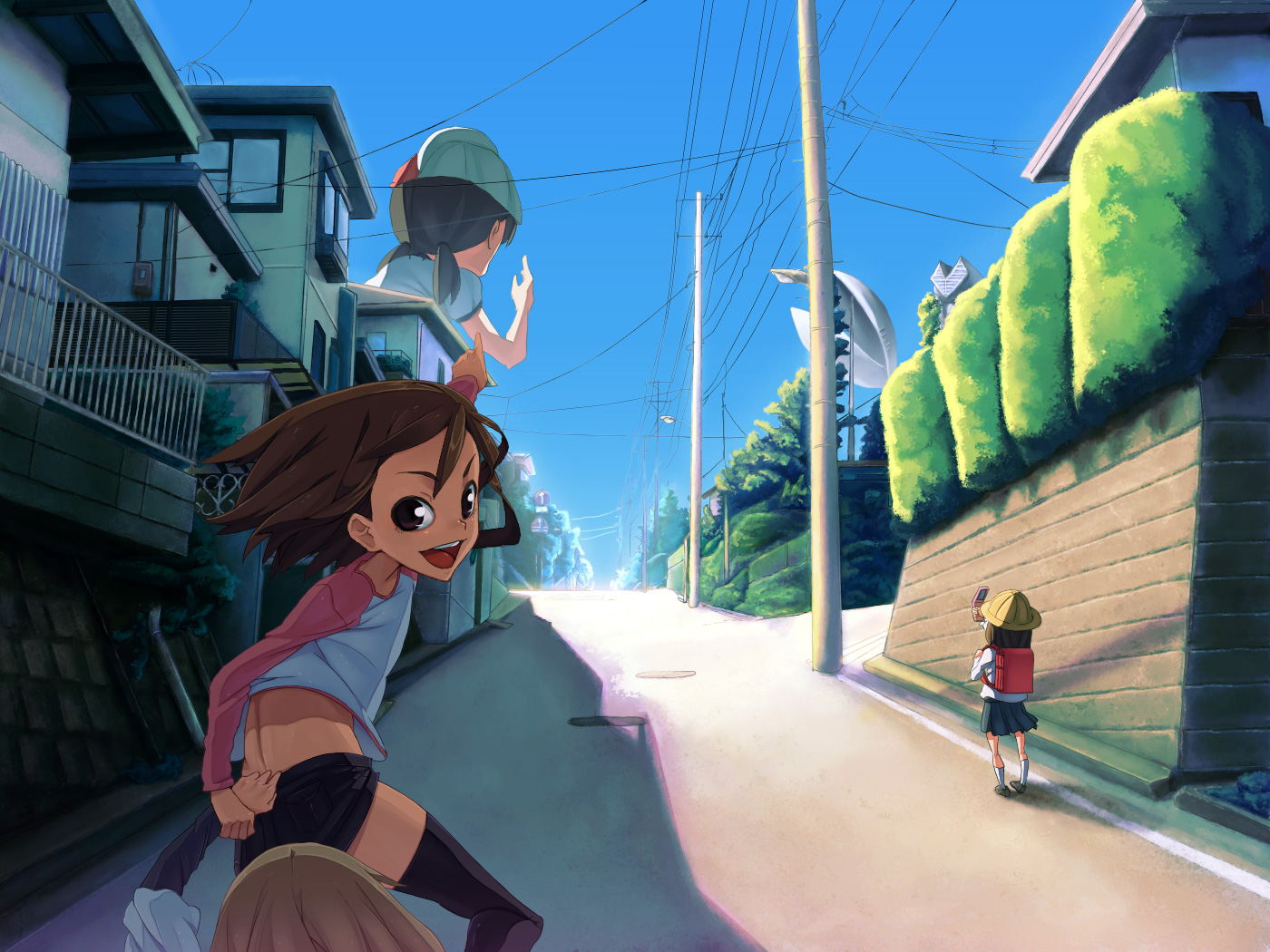 brown_eyes, brown_hair, chimosaku, hat, original, phone, robot, skirt, thighhighs, twintails, zettai_ryouiki