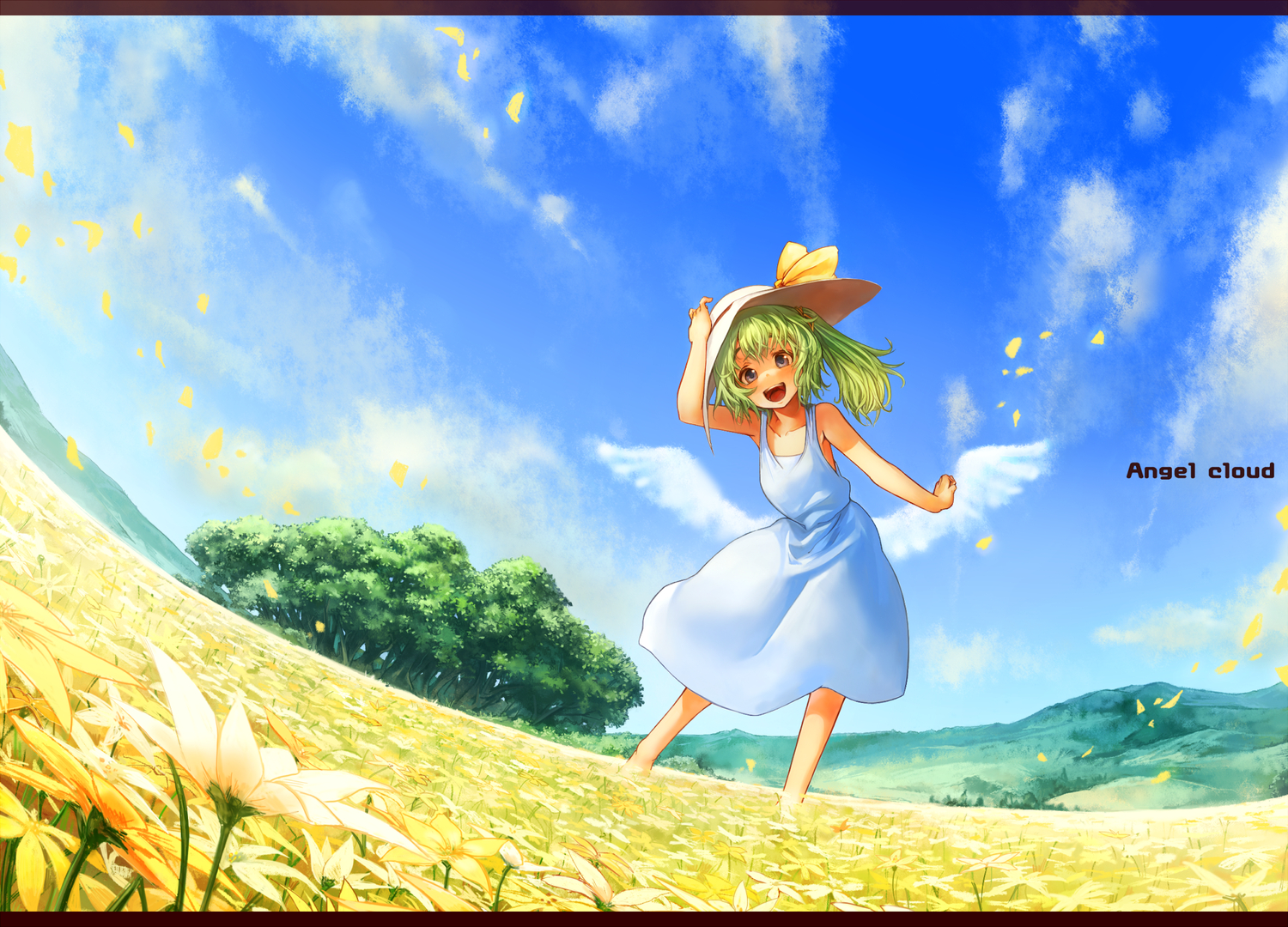 blue_eyes, clouds, daiyousei, dress, flowers, green_hair, hat, petals, ponytail, sachito, sky, summer_dress, touhou, tree, wings