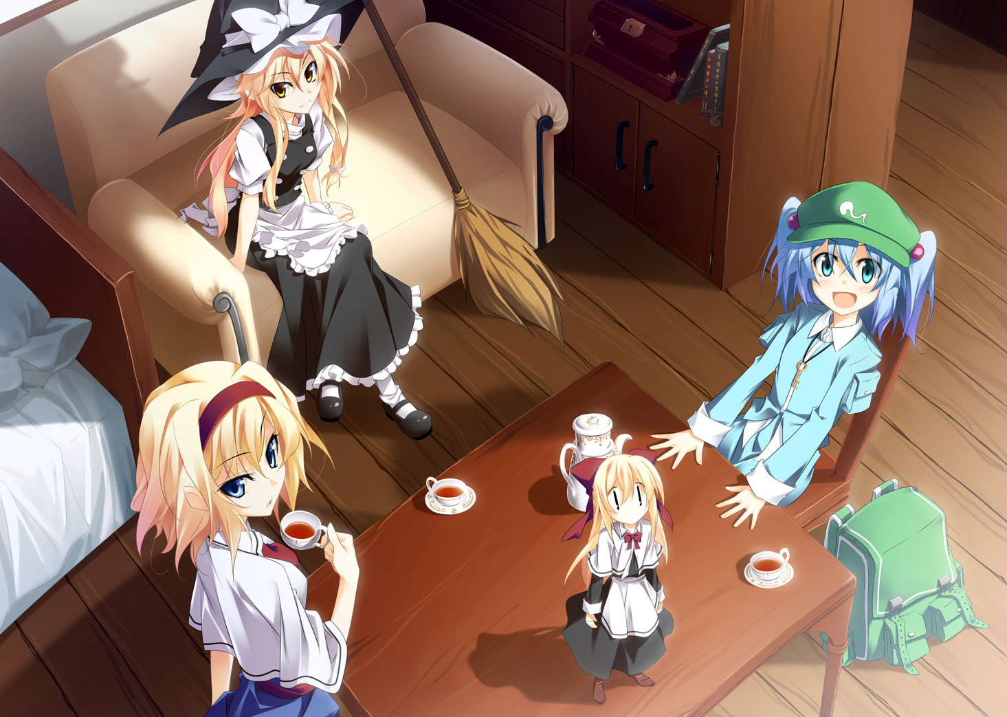 alice_margatroid, blonde_hair, blue_eyes, blue_hair, book, bow, doll, dress, drink, hat, headband, kawashiro_nitori, kirisame_marisa, matsuyama_nozomu, shanghai_doll, touhou, twintails, witch, yellow_eyes