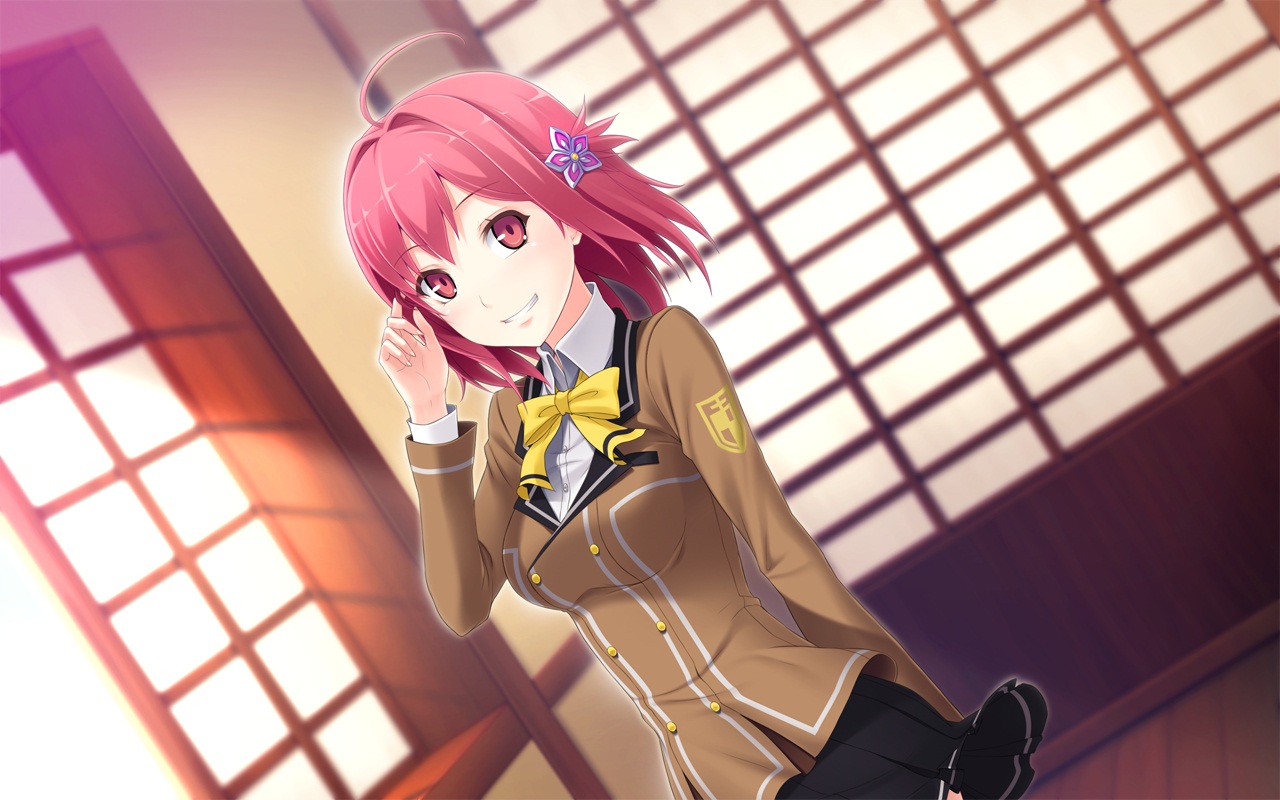game_cg, jpeg_artifacts, red_eyes, red_hair, sekitsu_ayaka, short_hair, skirt, tel-o, yamiyo_ni_odore