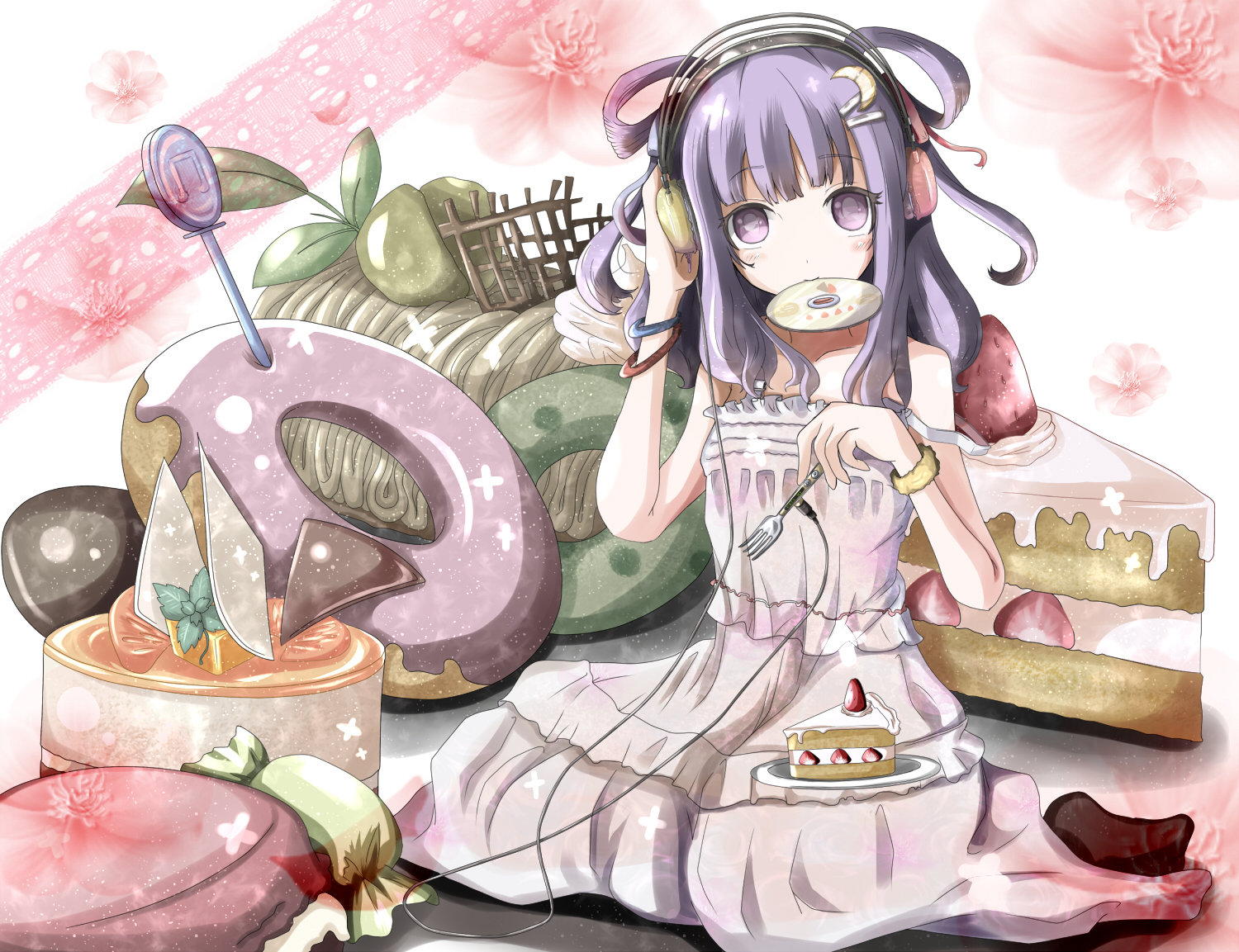 cake, candy, dress, flowers, food, fruit, headphones, kuroneko-w-b, patchouli_knowledge, purple_eyes, purple_hair, strawberry, touhou