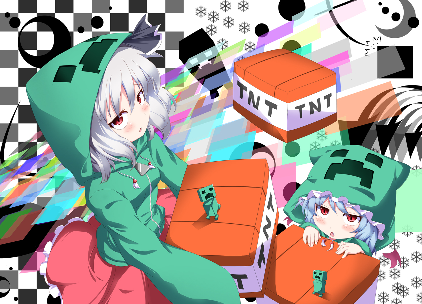 blue_hair, blush, cosplay, crossover, hood, konpaku_youmu, meracle, minecraft, moon, red_eyes, remilia_scarlet, touhou, white_hair