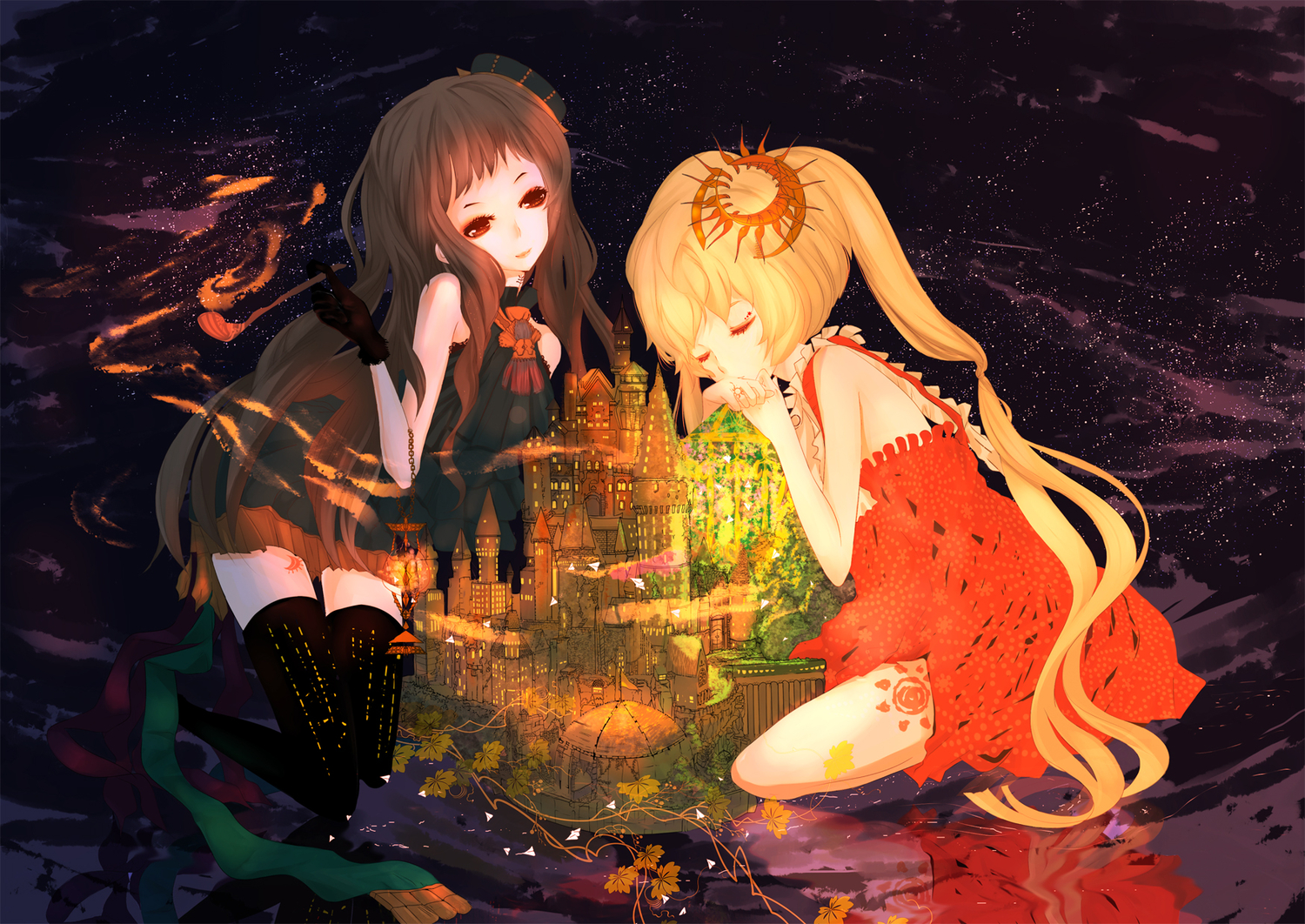 2girls, blonde_hair, dress, original, red_eyes, thighhighs, twintails, uni_(nacchan)