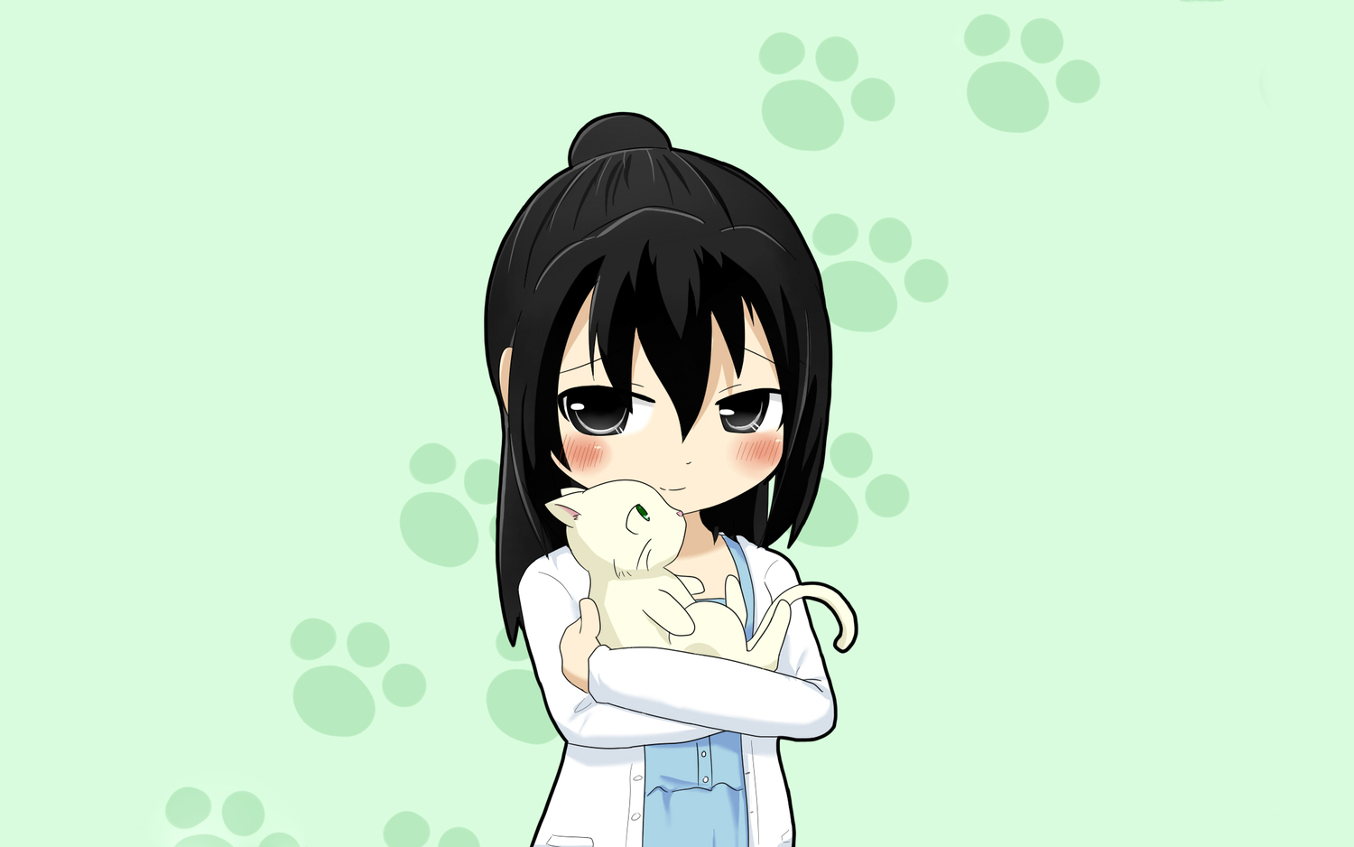 animal, black_eyes, black_hair, blush, cat, green, marui_hitoha, mitsudomoe