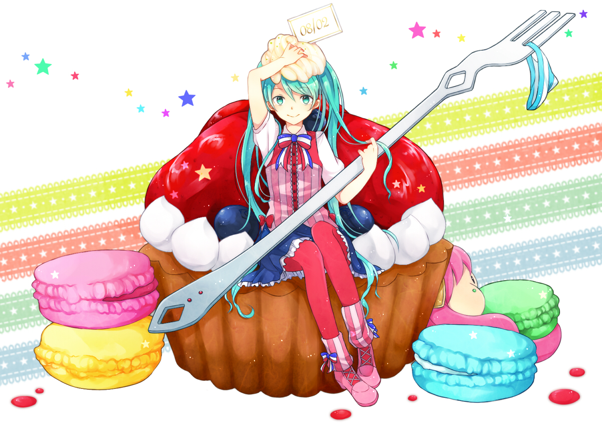 aqua_eyes, aqua_hair, food, hatsune_miku, kan'yu_(citron_82), long_hair, panties, pantyhose, striped_panties, takoluka, twintails, underwear, vocaloid