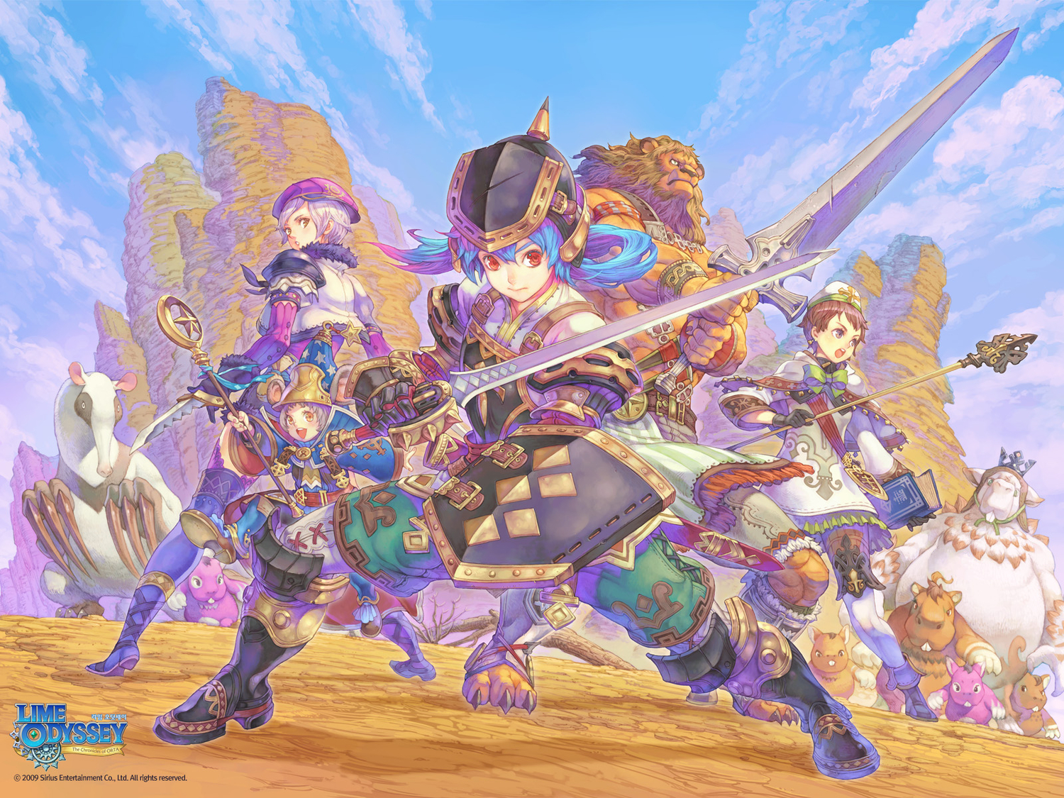 animal_ears, armor, blue_hair, book, boots, brown_eyes, brown_hair, gloves, hat, knife, long_hair, ponytail, purple_eyes, red_eyes, serenade_(sinohi), short_hair, skirt, sky, sword, thighhighs, weapon, white_hair, yellow_eyes