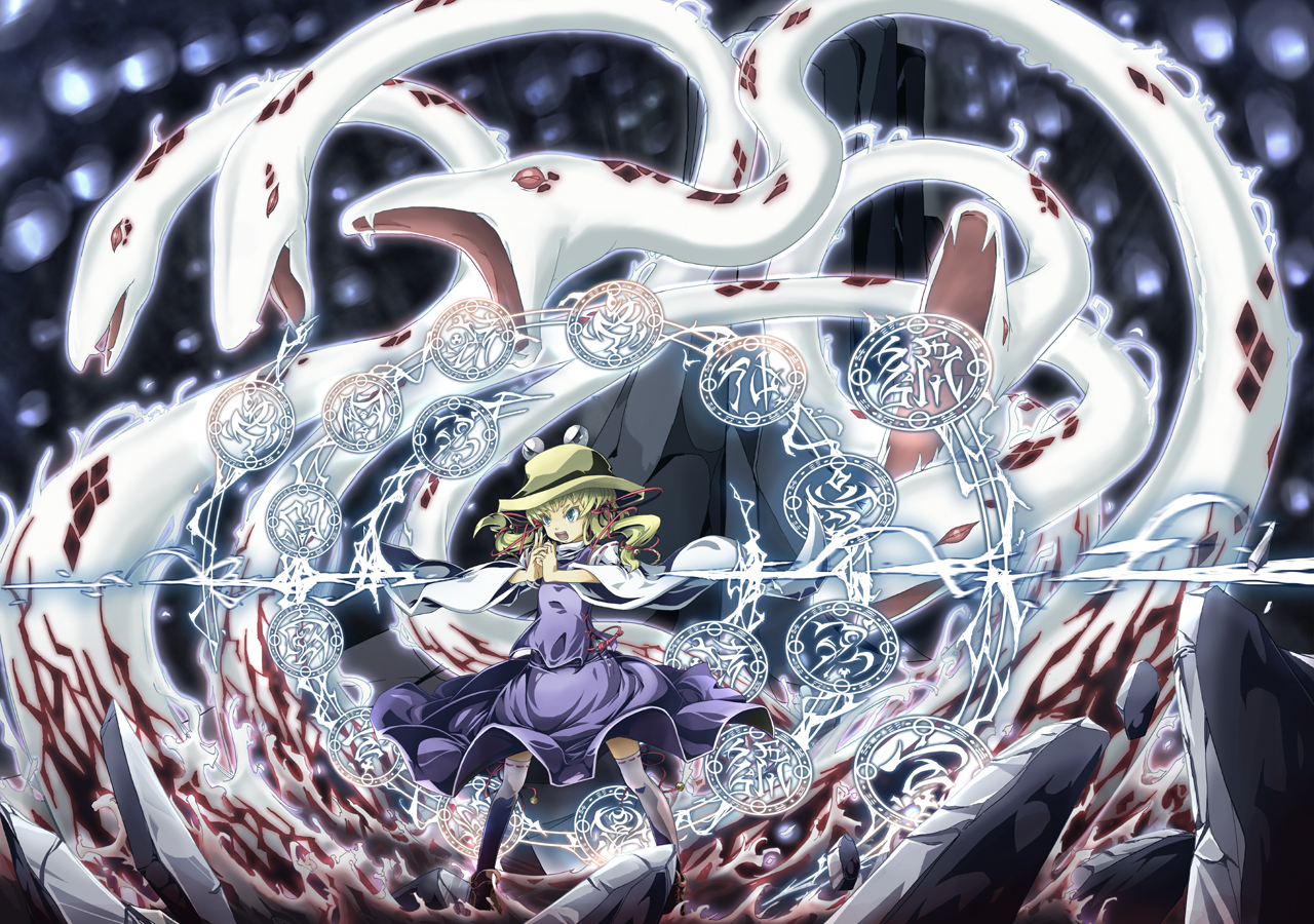 animal, blonde_hair, blue_eyes, hat, marujin, moriya_suwako, ribbons, skirt, thighhighs, touhou, twintails, zettai_ryouiki